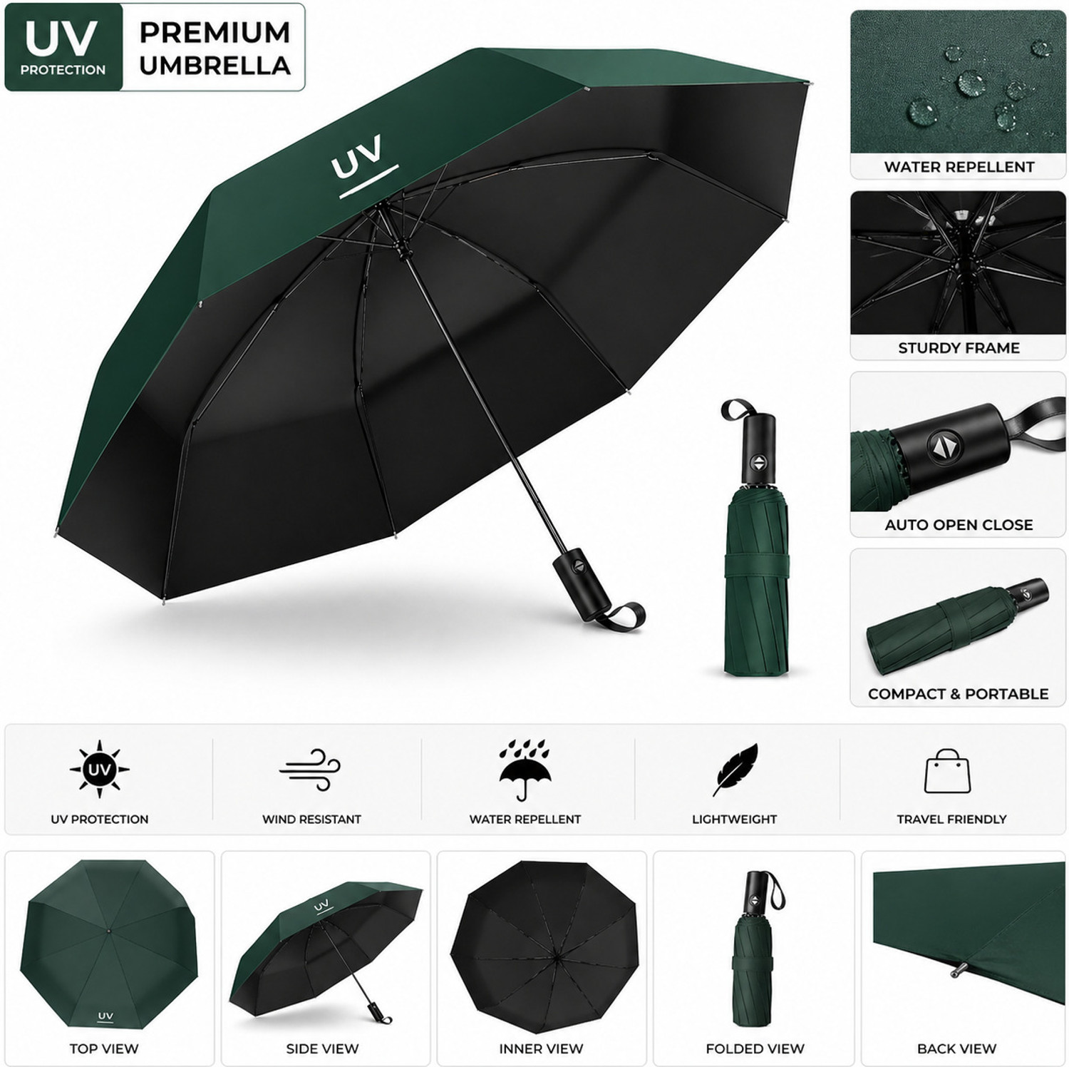 Image of Anycho Auto Open Waterproof Umbrella for Men, 3 fold Umbrella for Women, UV Protective Umbrella (Green)