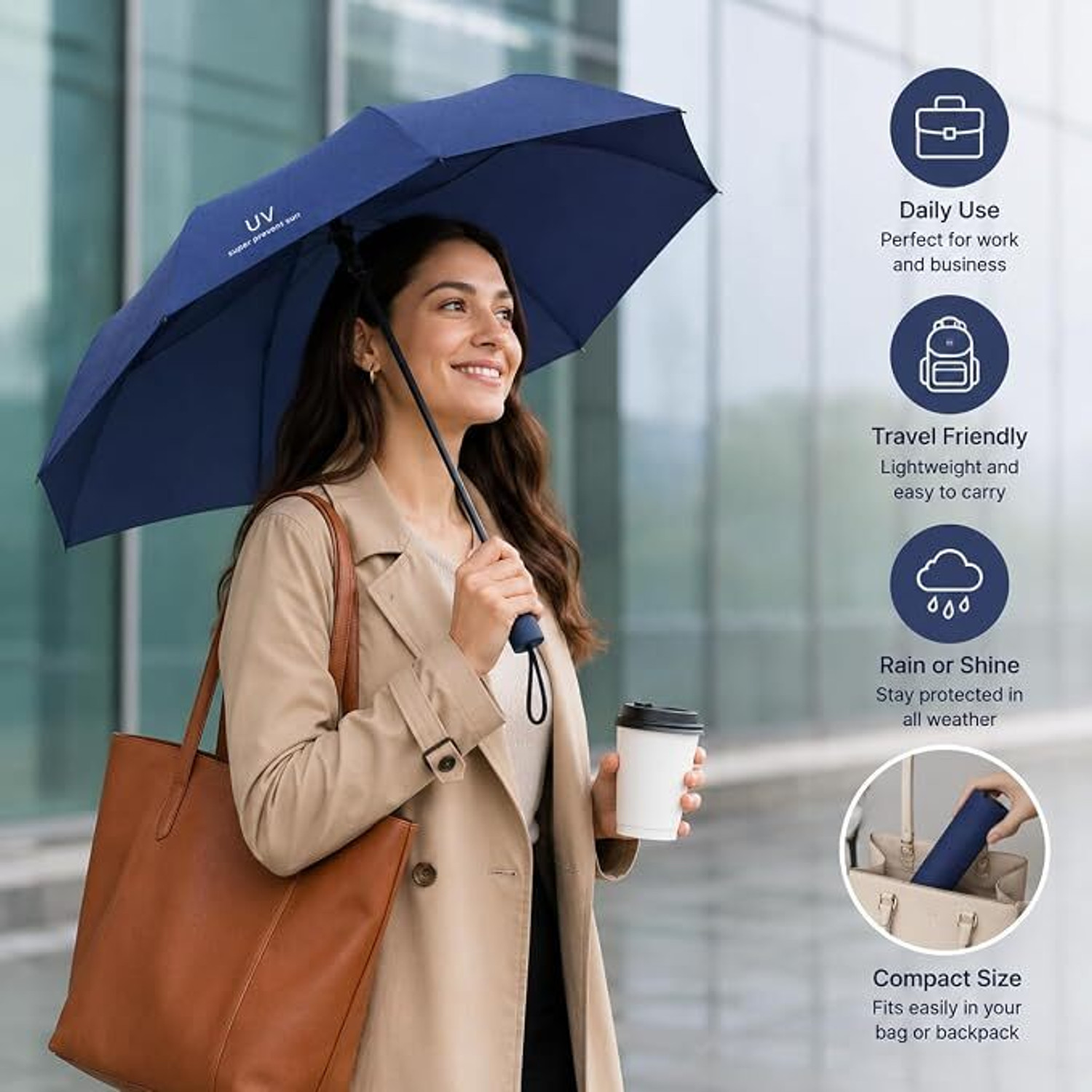 Image of Trivox Compact Folding Umbrella for Rain, UV Protection, Windproof, Portable Umbrella