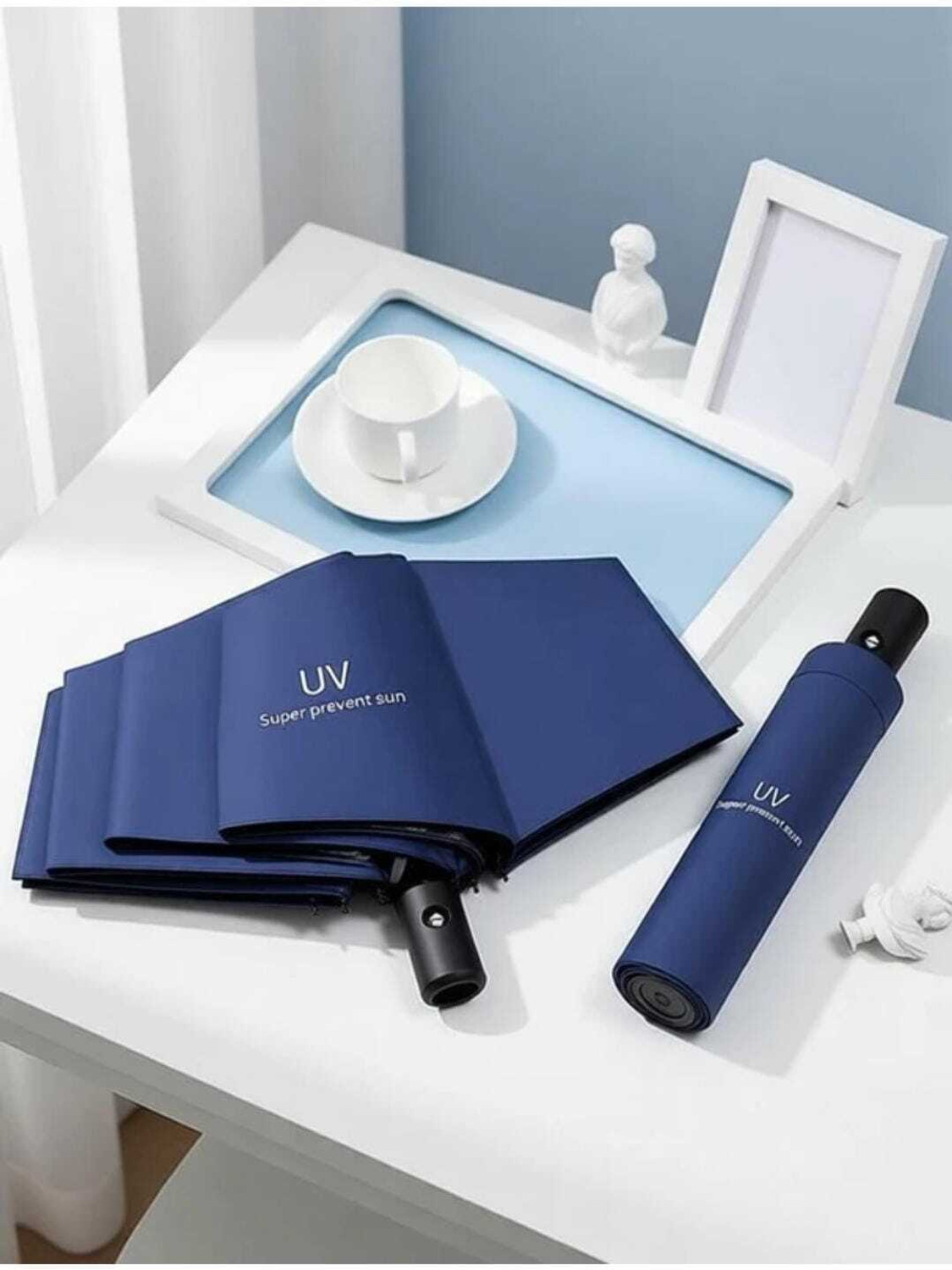 Image of Matkine UV Sunshade & Rain Blue 3-Folding Umbrella, 8 Ribs Automatic Opening Umbrella