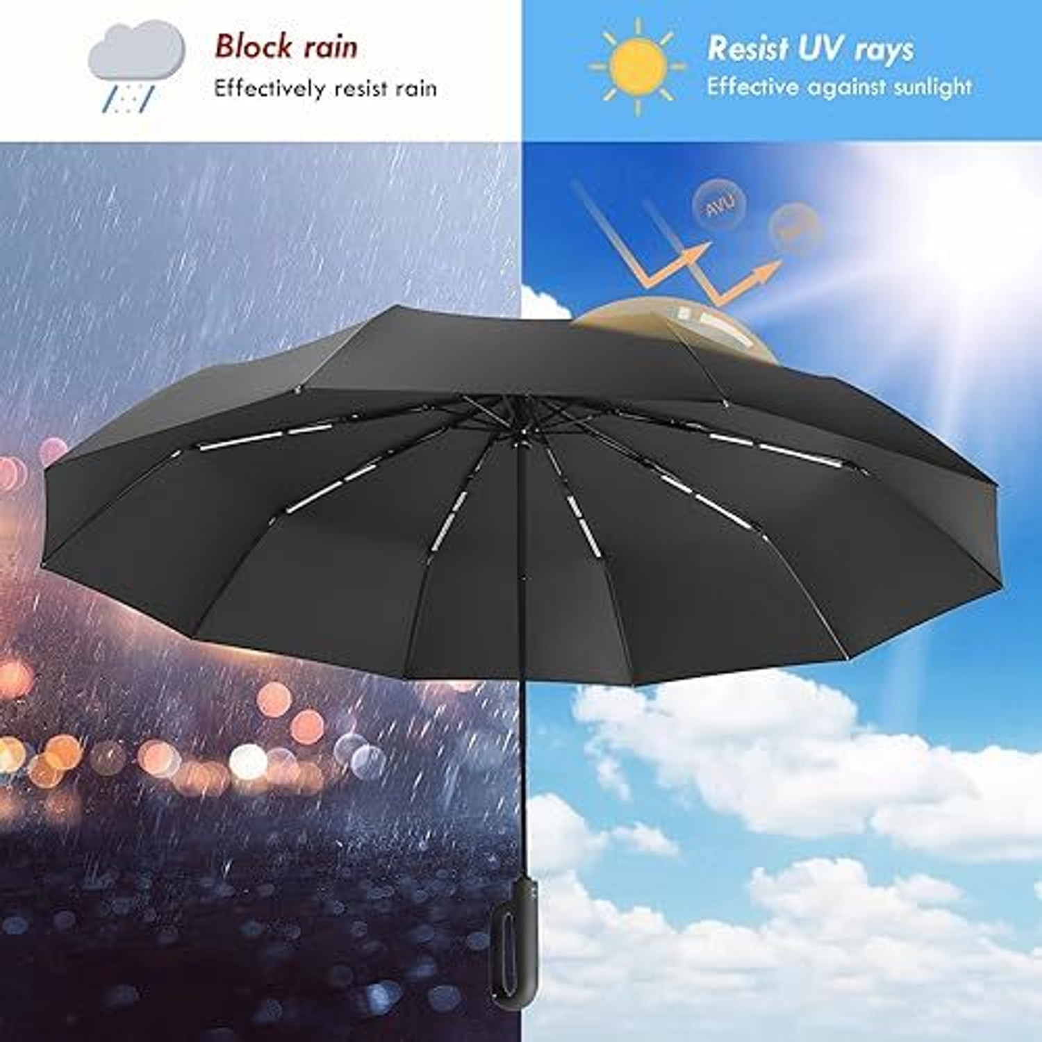 Image of HI-HOPE 3-Fold Travel Umbrella - Sophisticated Auto-Open Auto-Close Mechanism, Umbrella
