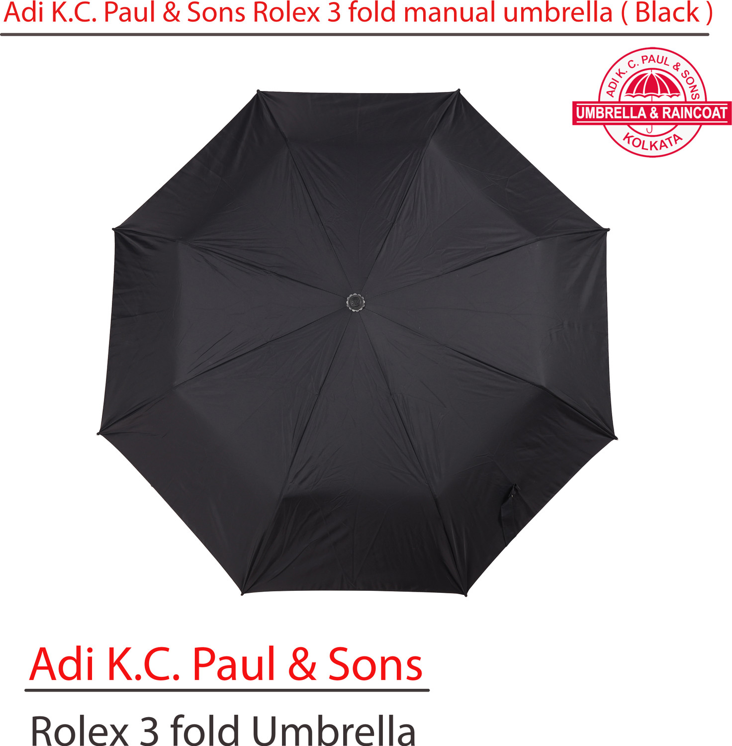 Image of Adi K.C.Paul & Sons Rolex 3 fold Black umbrella for Men & Women | Umbrella for women | Black Umbrella