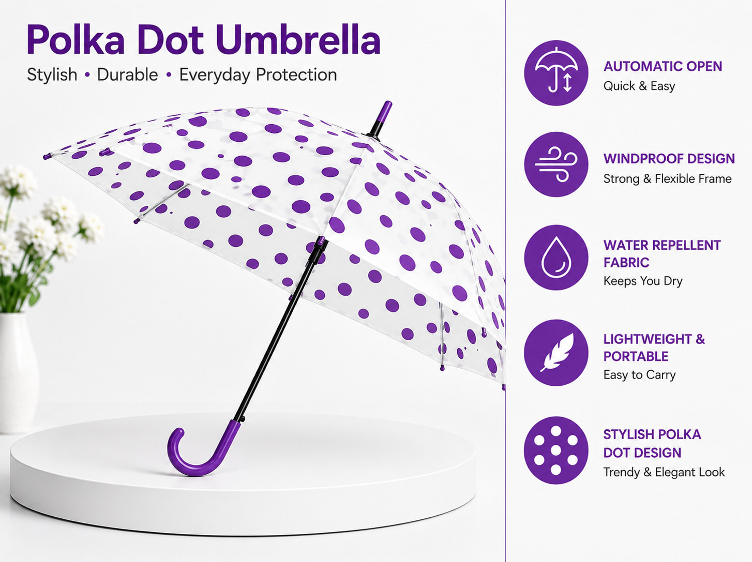 Image of Rainora Black Auto Open Stick Umbrella with Large Canopy Umbrella
