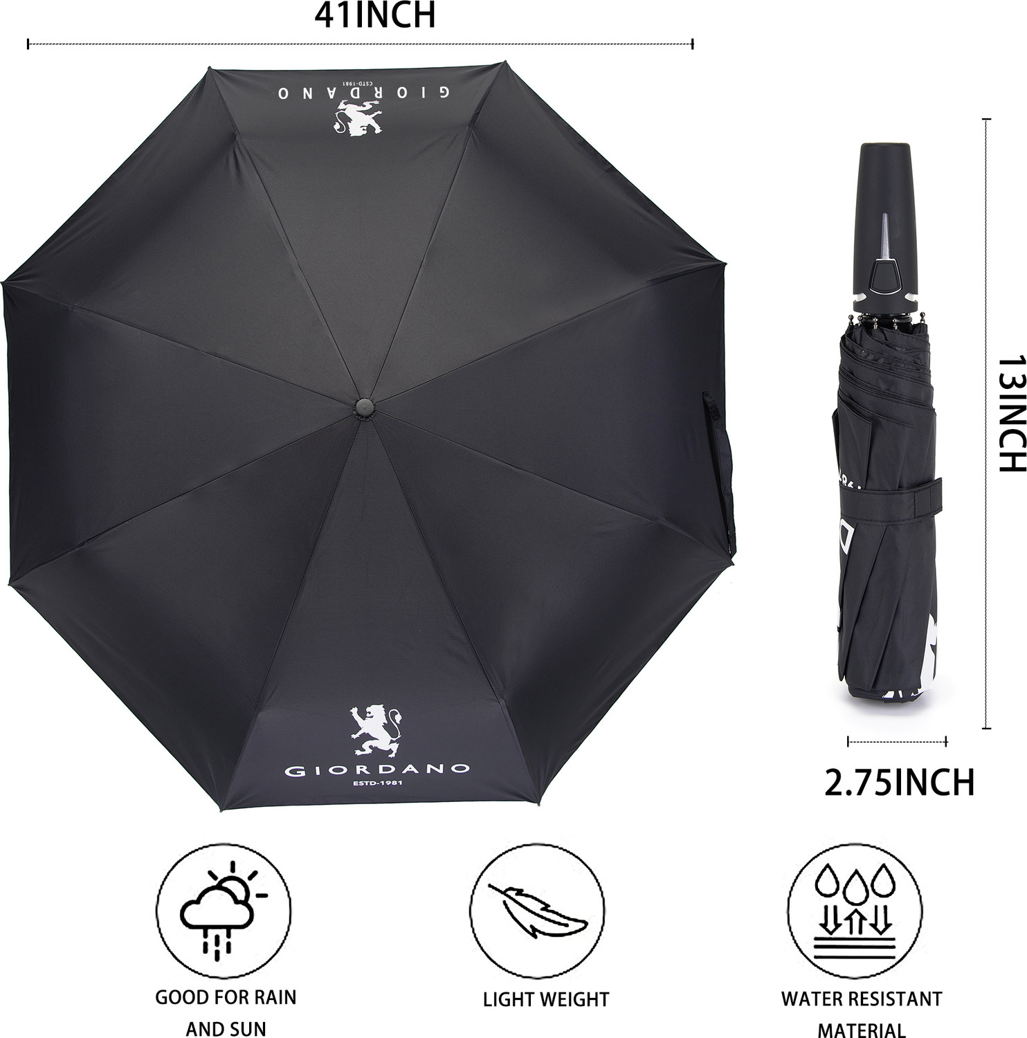 Image of GIORDANO Folding Umbrella for Unisex, Auto Open & Close, Lightweight Compact, 41 inch Canopy Umbrella