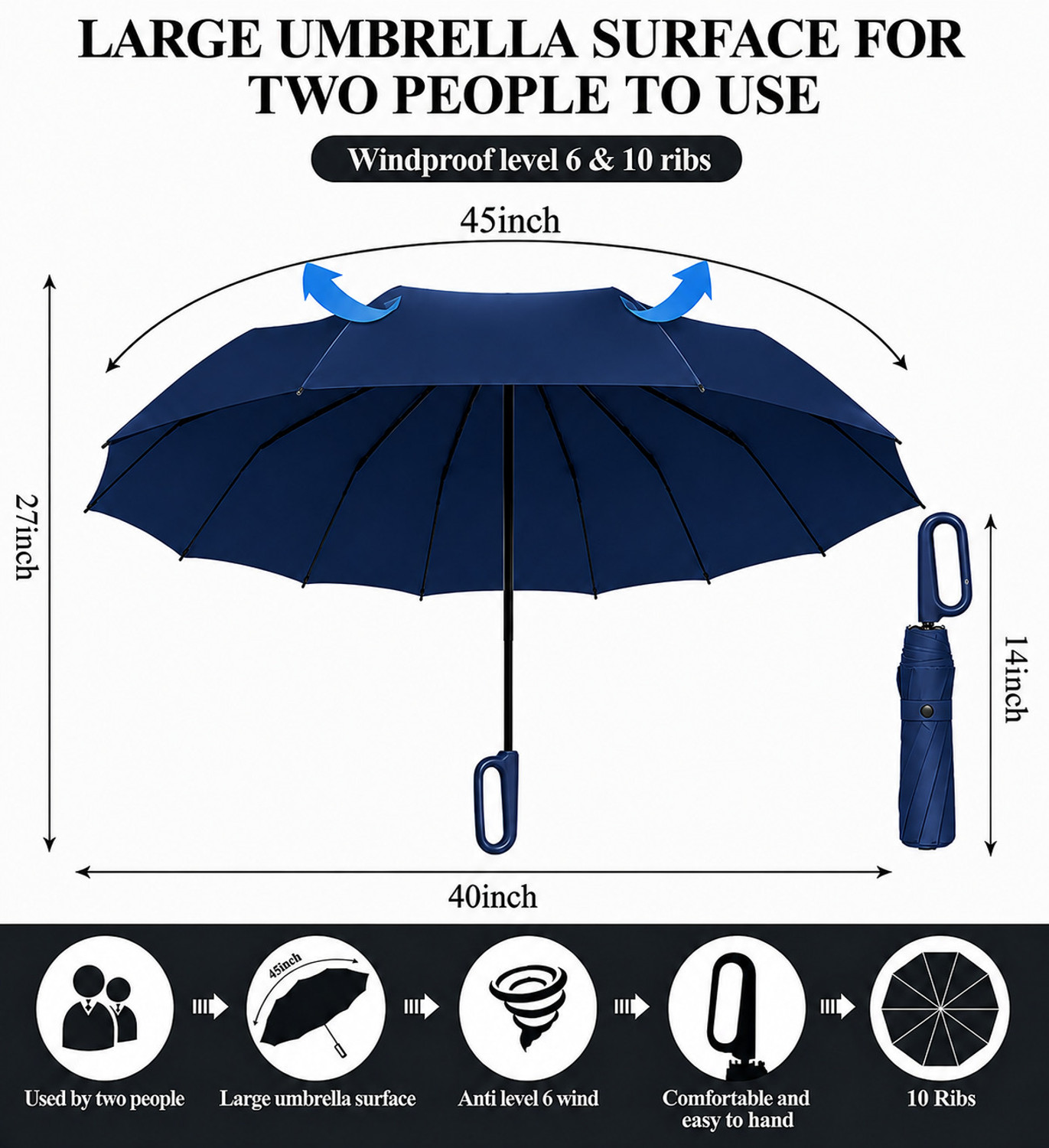 Image of Jiyan Enterprise Automatic Folding Umbrella for Men & Women, 10 Rib Windproof, Navy Blue Umbrella