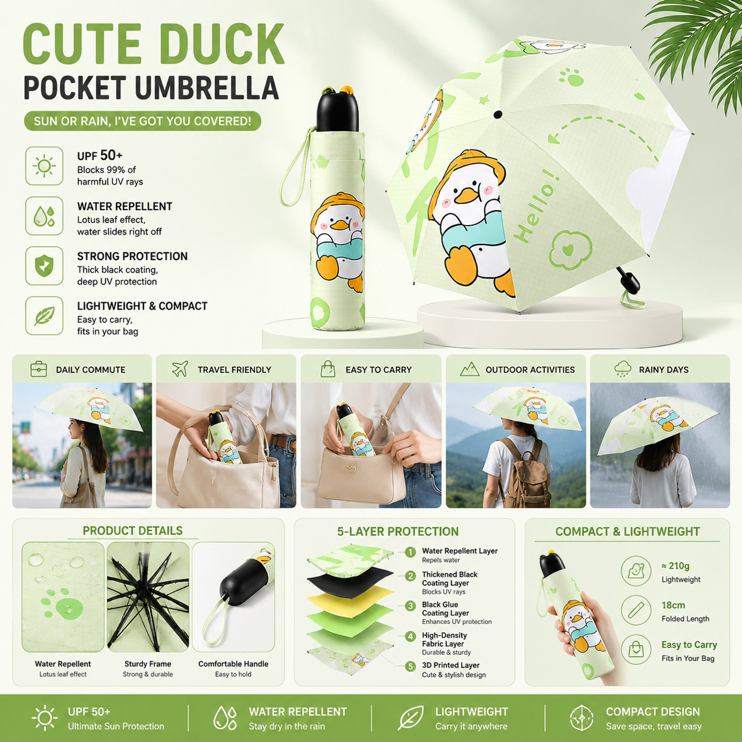 Image of MAAGHI Cute Cartoon Duck Print Fold Umbrella for Rain and Sun Protection Umbrella
