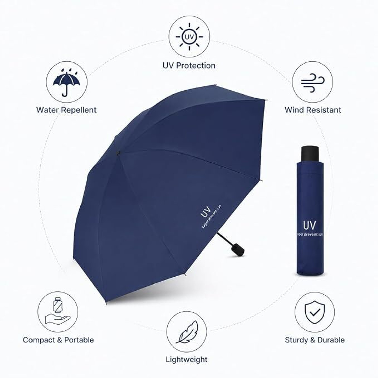 Image of Trivox Compact Folding Umbrella for Rain, UV Protection, Windproof, Portable Umbrella