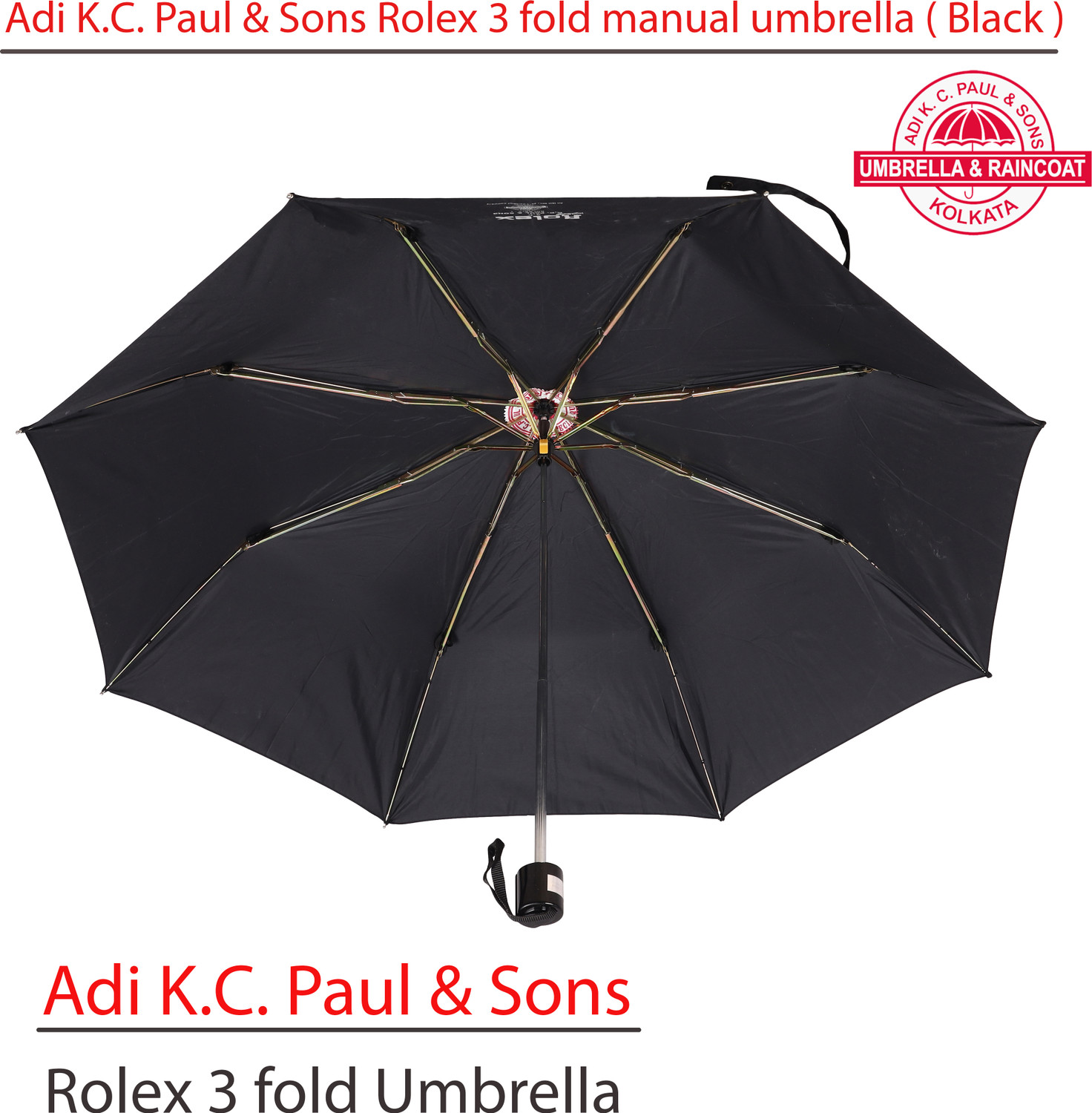 Image of Adi K.C.Paul & Sons Rolex 3 fold Black umbrella for Men & Women | Umbrella for women | Black Umbrella