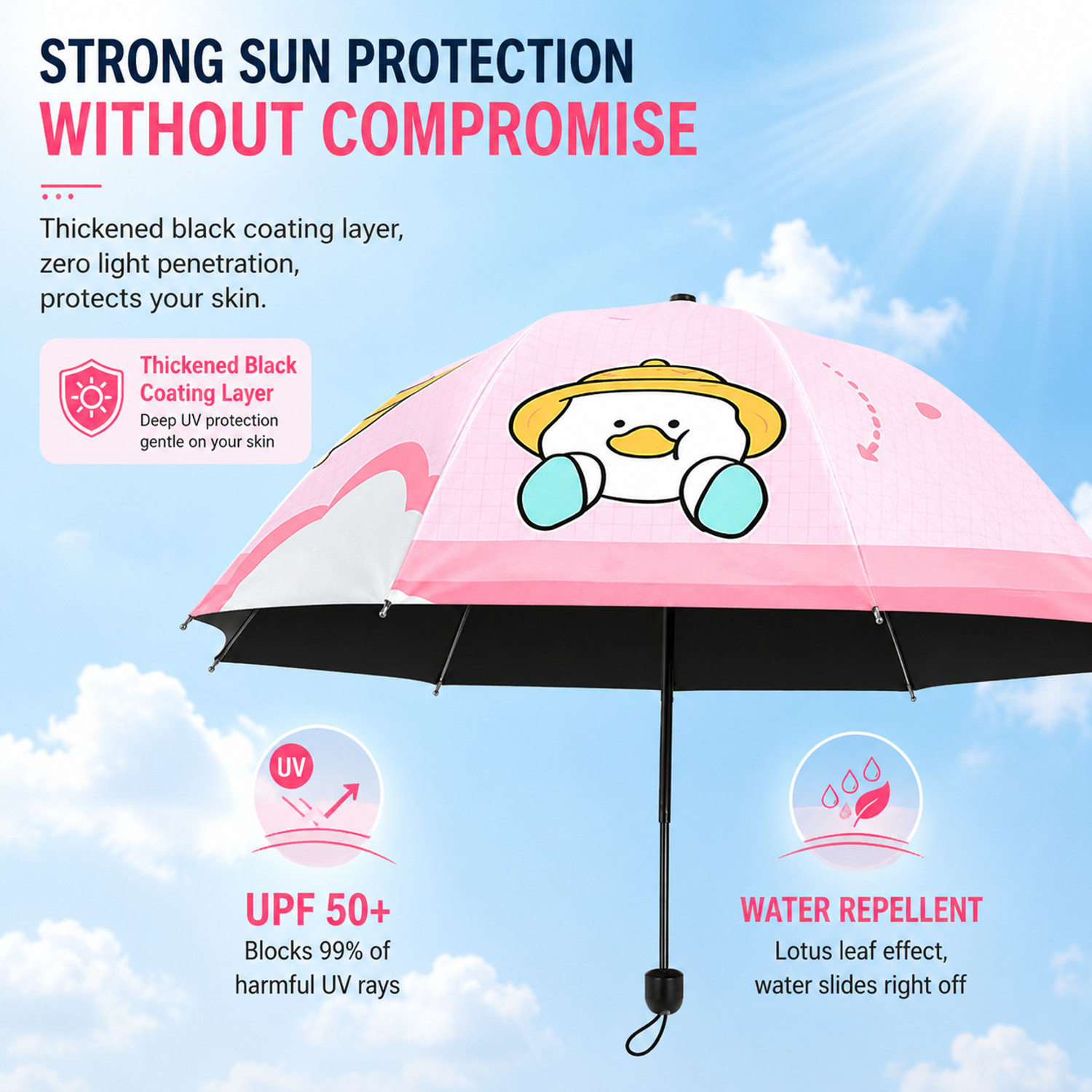 Image of MAAGHI Cute Cartoon Duck Print Fold Umbrella for Rain and Sun Protection Umbrella