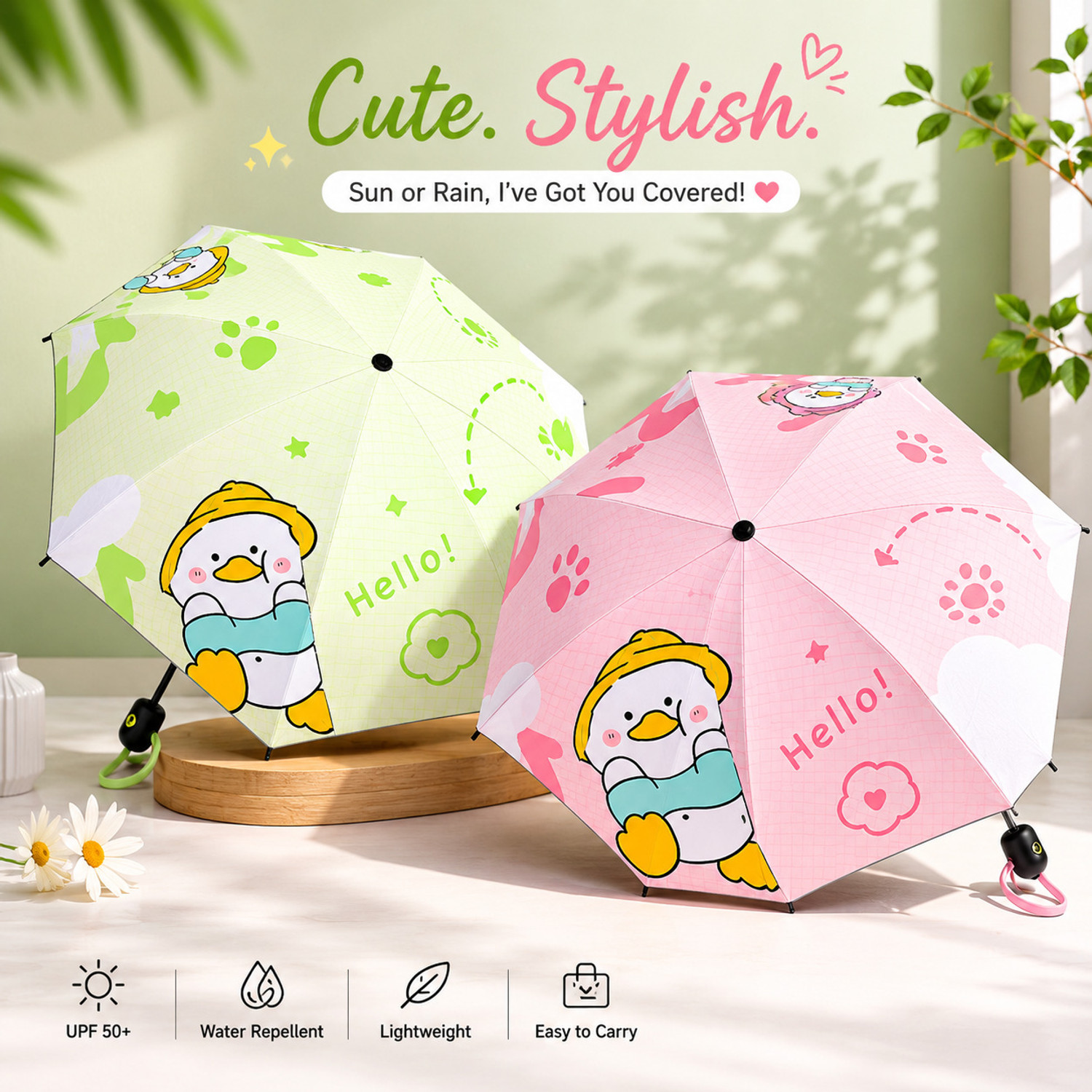 Image of MAAGHI Cute Cartoon Duck Print Fold Umbrella for Rain and Sun Protection Umbrella