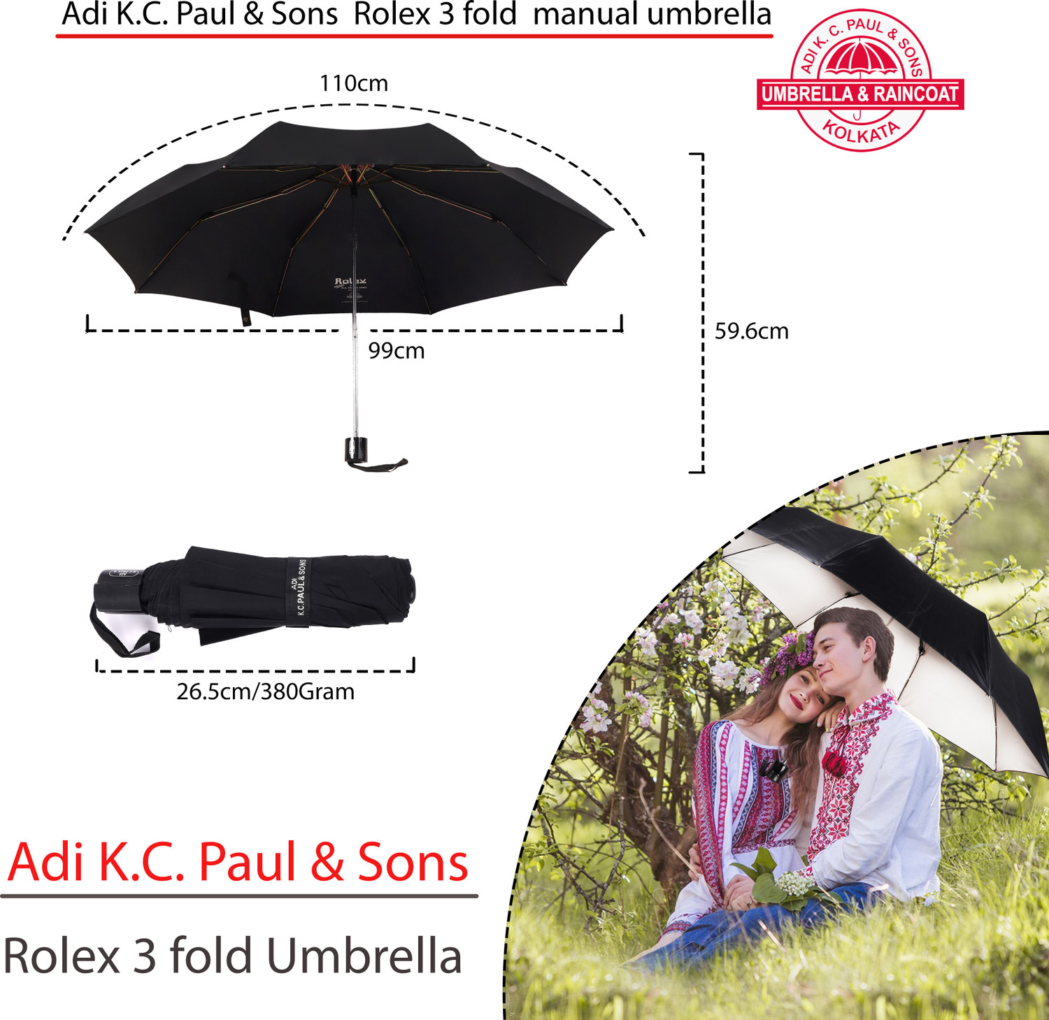 Image of Adi K.C.Paul & Sons Rolex 3 fold Black umbrella for Men & Women | Umbrella for women | Black Umbrella