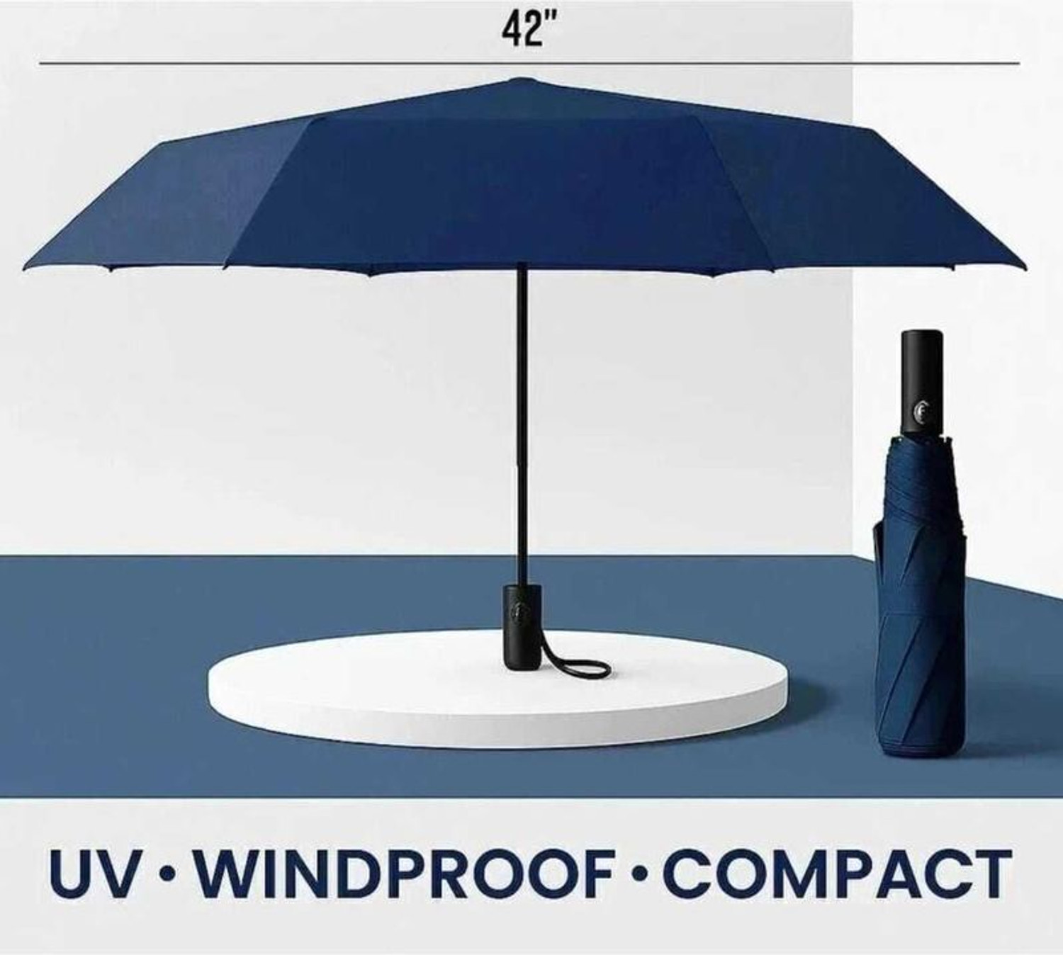 Image of velnix UV & Rain Protection Blue Umbrella | 3 Fold Automatic Open Close Umbrella