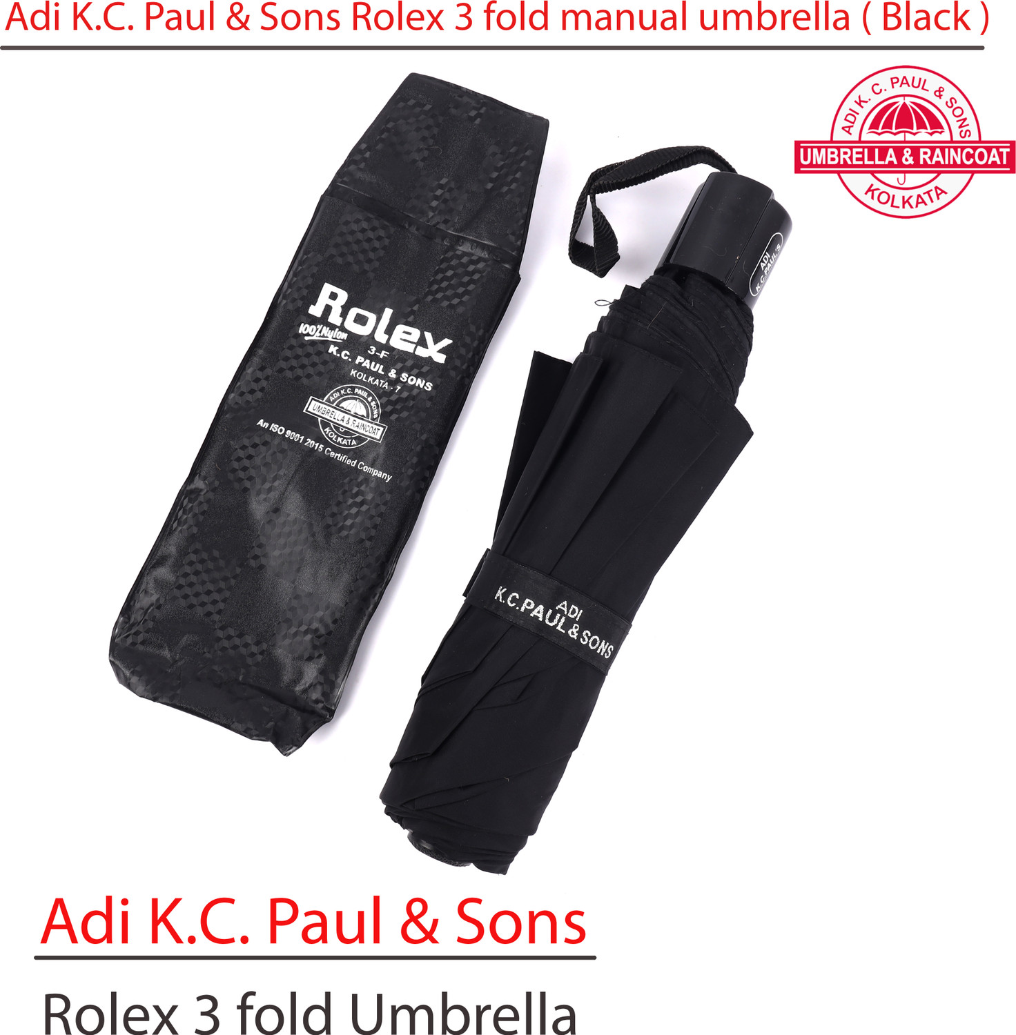 Image of Adi K.C.Paul & Sons Rolex 3 fold Black umbrella for Men & Women | Umbrella for women | Black Umbrella