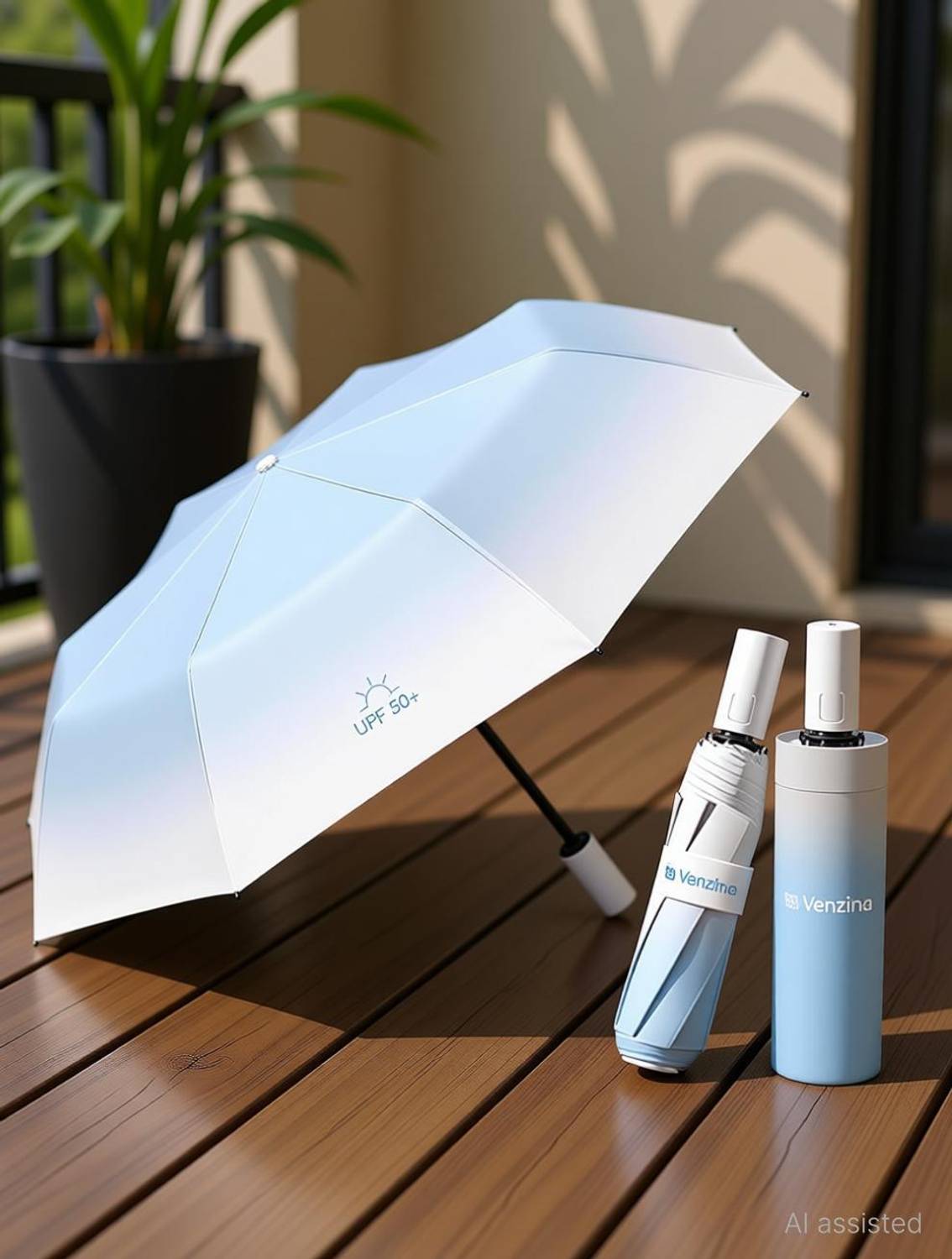 Venzina UPF 50 Sun Umbrella Automatic Travel Folding Lightweight Gradient Blue Umbrella