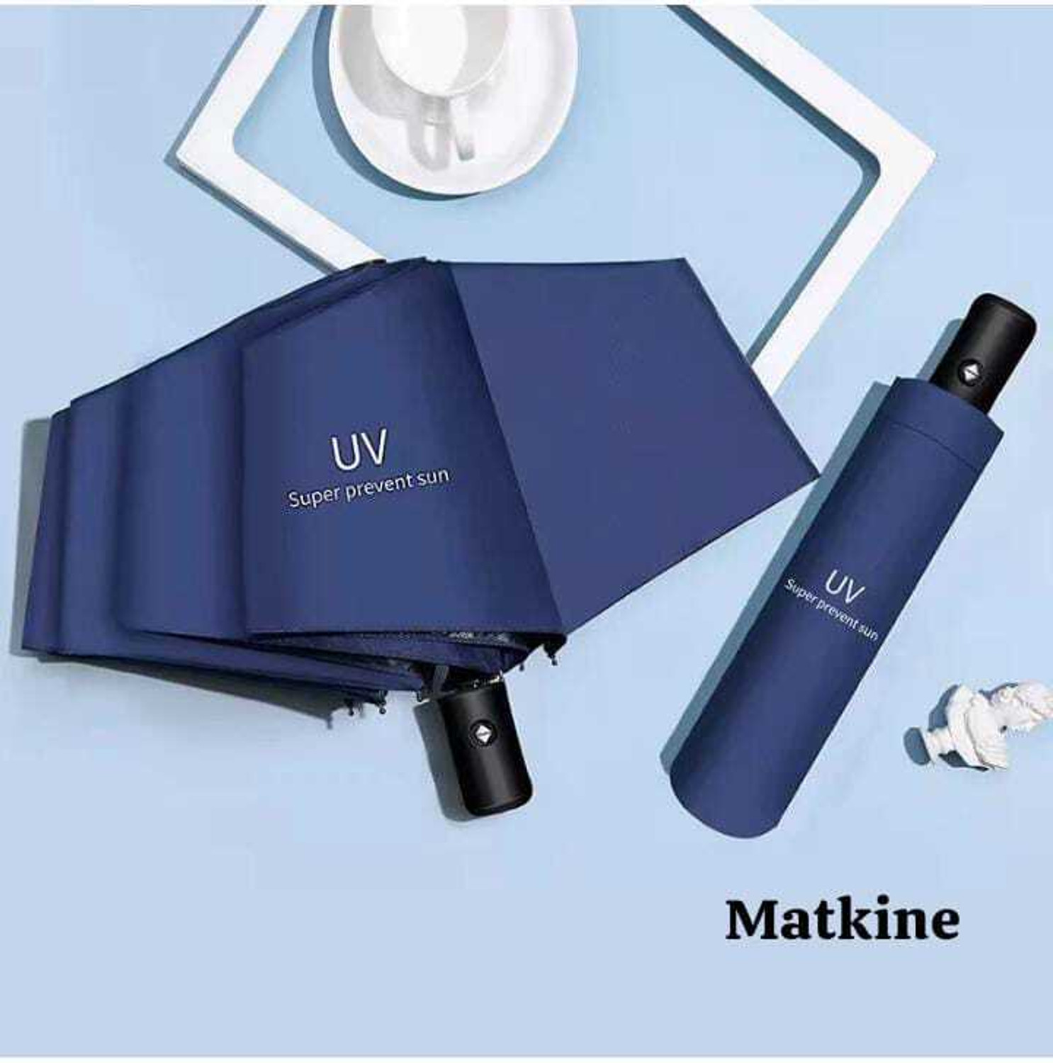 Image of Matkine 3 Fold with Auto Open and Close Navy Blue UV Umbrella
