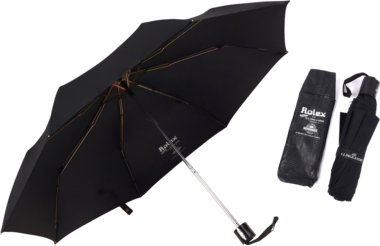 Image of Adi K.C.Paul & Sons Rolex 3 fold Black umbrella for Men & Women | Umbrella for women | Black Umbrella