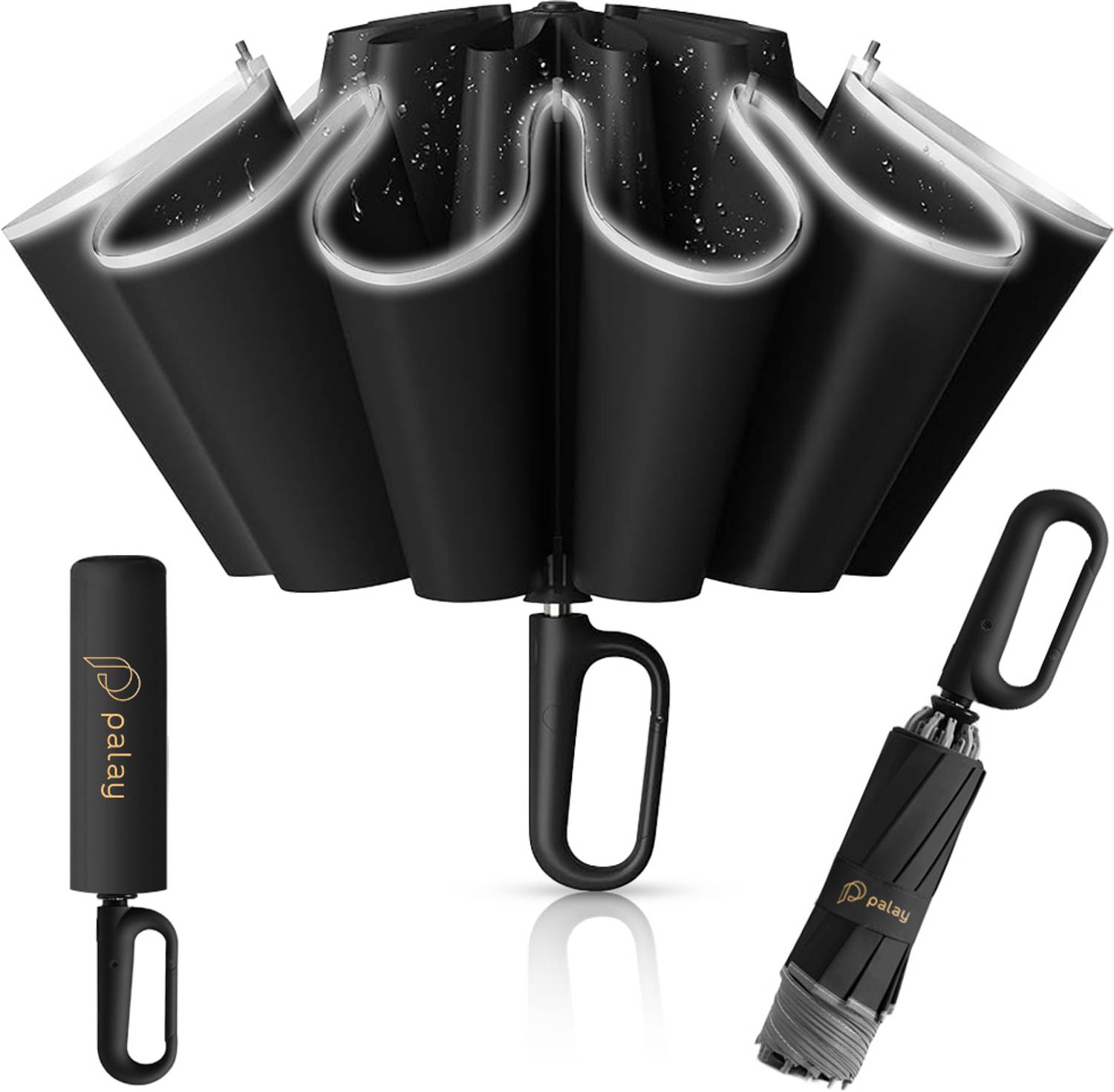 Venzina 50 Inch Large Windproof Travel Umbrella with Reflective Strip Carabiner Handle Umbrella