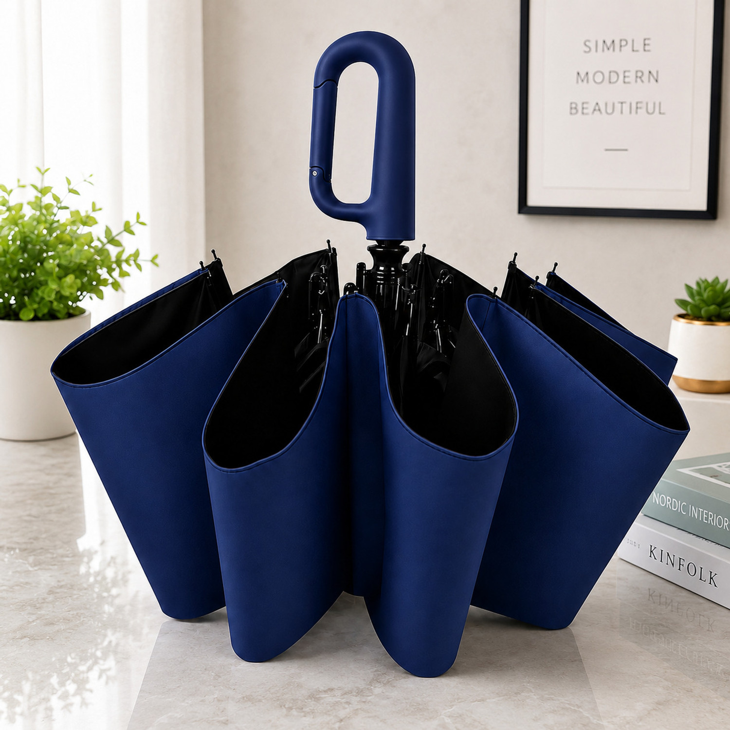 Image of Jiyan Enterprise Automatic Folding Umbrella for Men & Women, 10 Rib Windproof, Navy Blue Umbrella