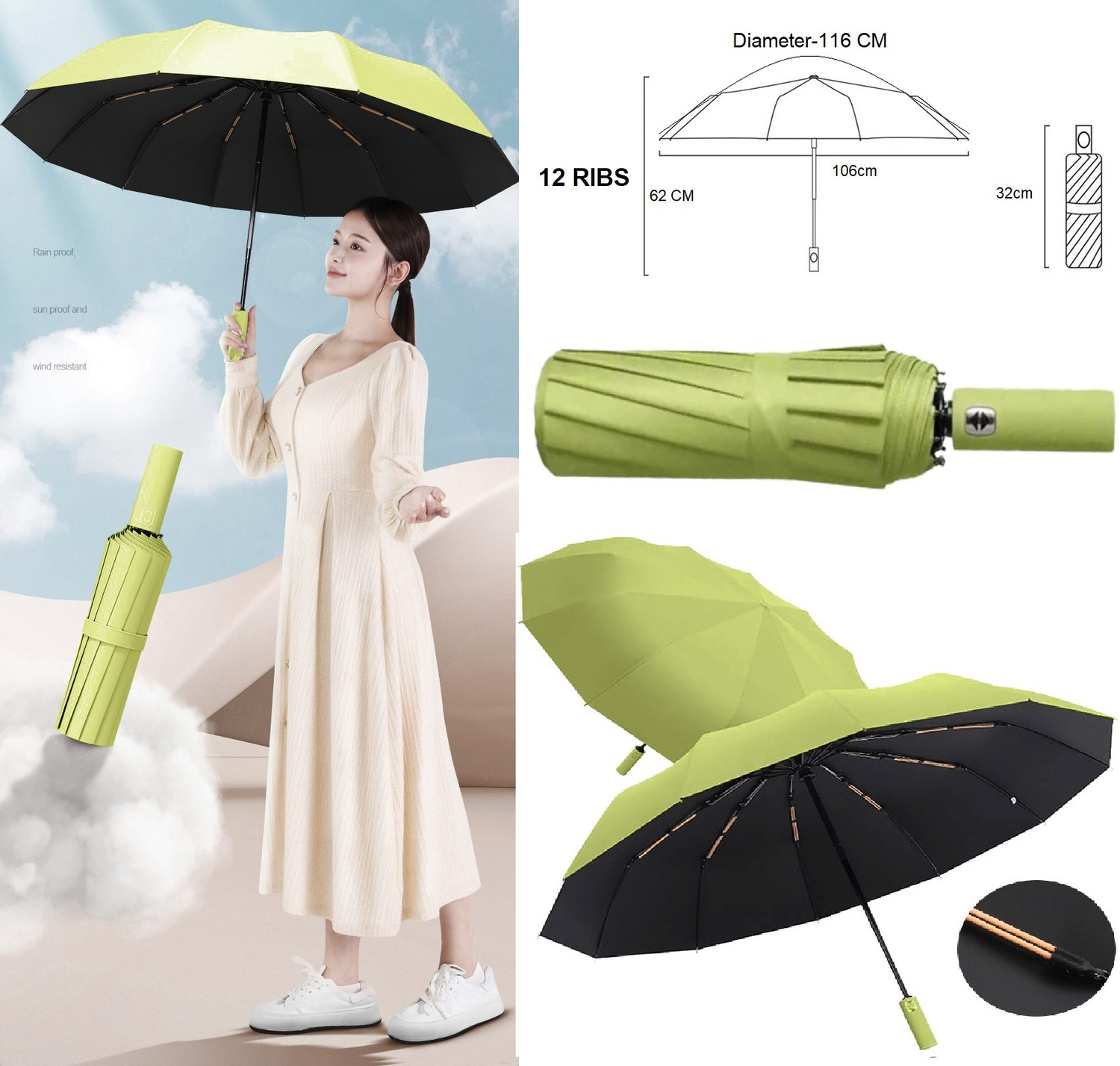 Image of Frackson 12 Rib Umbrella Automatic Open & Wind Vent, Big size For Rain, Windproof Umbrella
