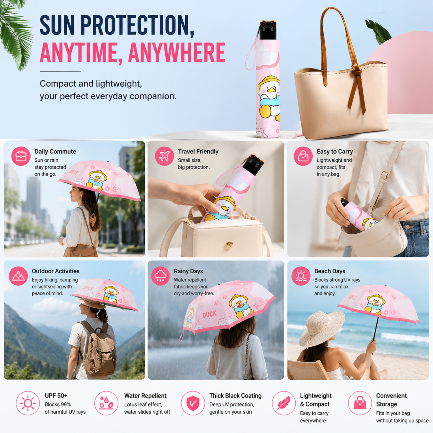 Image of MAAGHI Cute Cartoon Duck Print Fold Umbrella for Rain and Sun Protection Umbrella