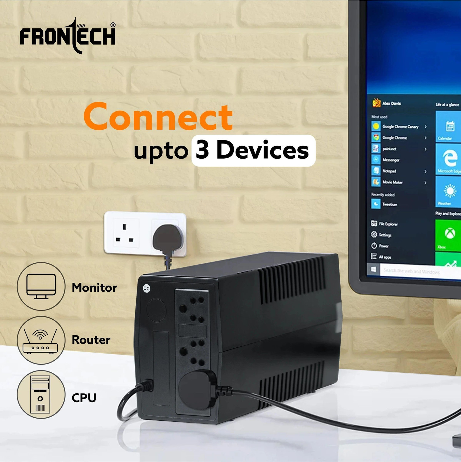 Image of Frontech UPS Electra Plus 600VA /360W, Uninterrupted Power Supply System FT-2564 220 V Line-interactive Rack-mount Model UPS with Overload Protection 3 Outlet Plugs