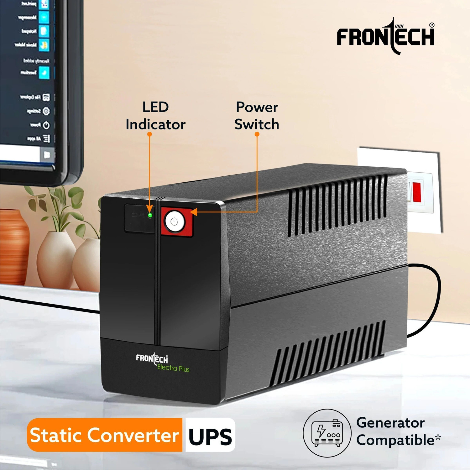 Image of Frontech UPS Electra Plus 600VA /360W, Uninterrupted Power Supply System FT-2564 220 V Line-interactive Rack-mount Model UPS with Overload Protection 3 Outlet Plugs