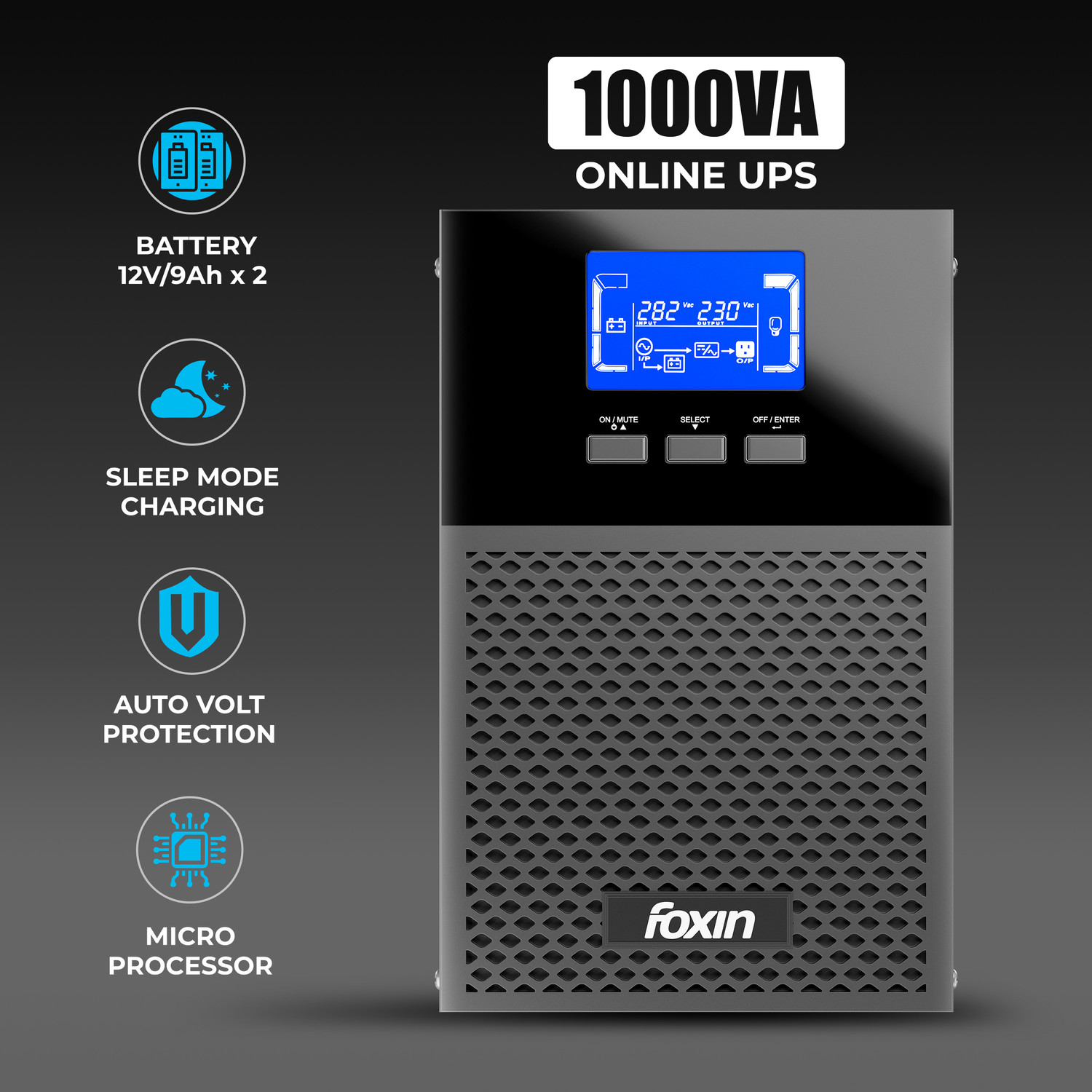 Image of Foxin 1000VA LED Uninterrupted Power Supply FPS 1000B 230 V Online /double-conversion Tower Model UPS with Overload Protection with Digital Display 3 Outlet Plugs