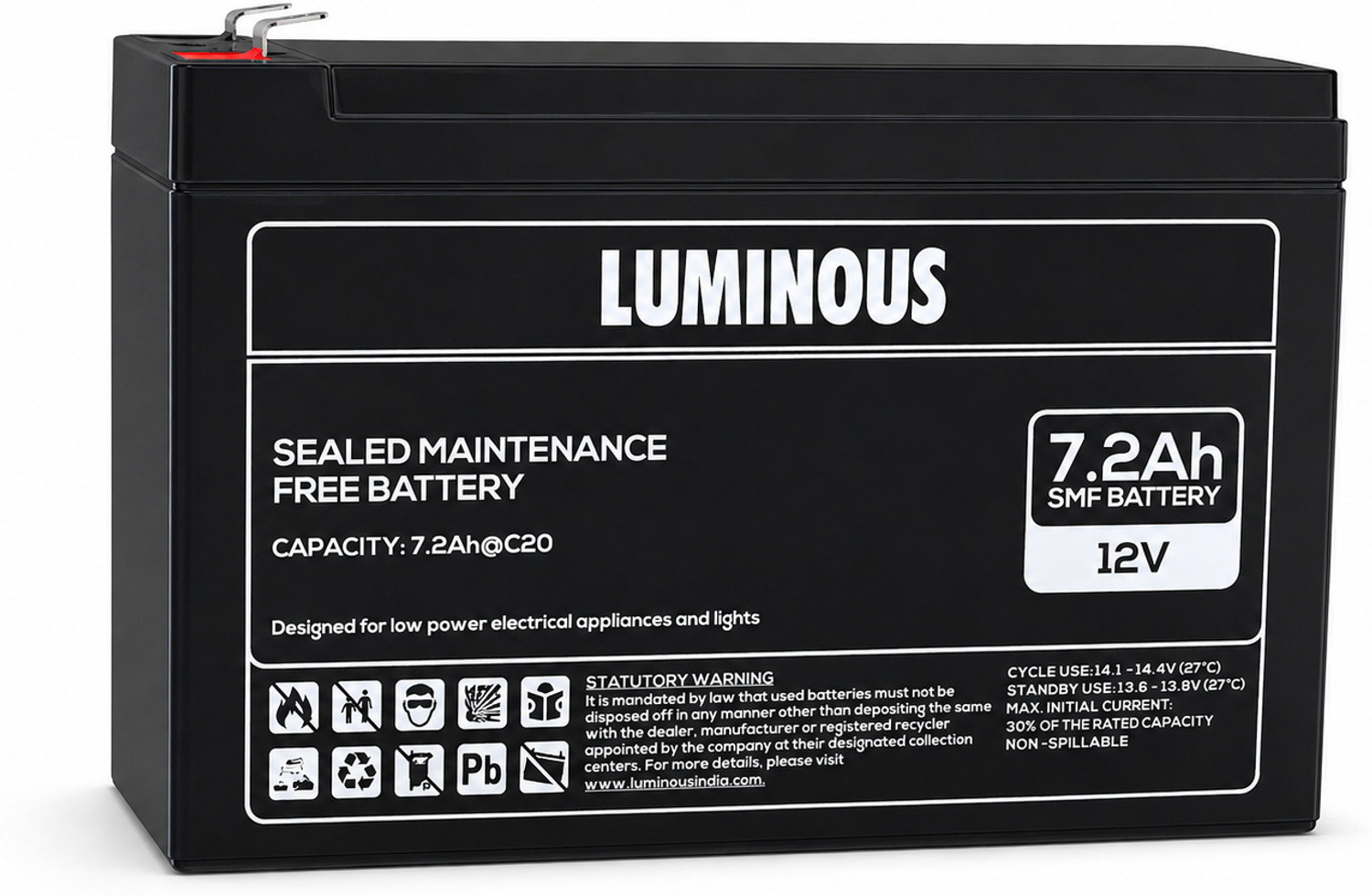 Image of LUMINOUS 7.2 Ah battery for UPS 12 V Offline /Standby Tower Model UPS with Overload Protection 0 Outlet Plugs