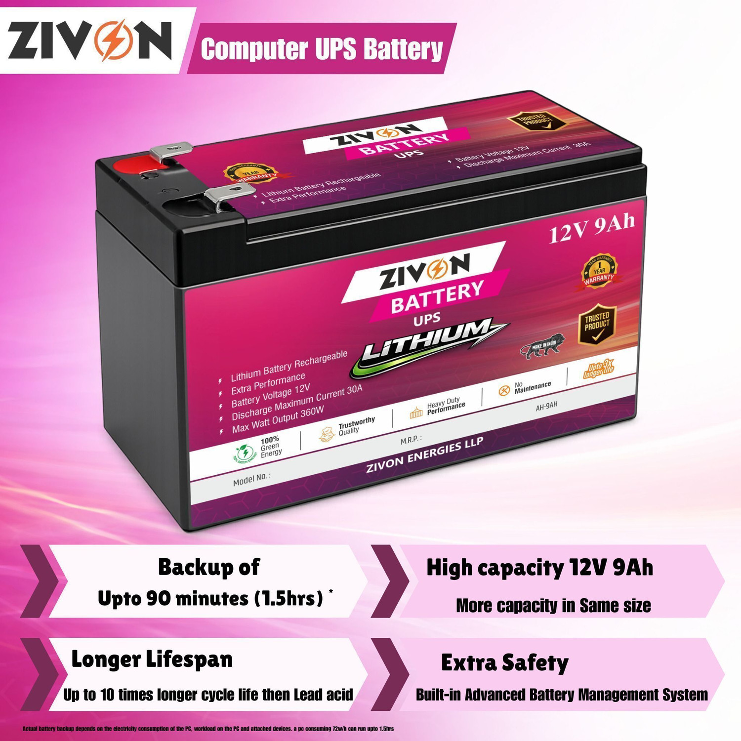 Image of ZIVON Lithium UPS Battery, 12V 9Ah Computer UPS Battery for 12 V Online /double-conversion Rack-mount Model, Tower Model UPS with Overload Protection 2 Outlet Plugs