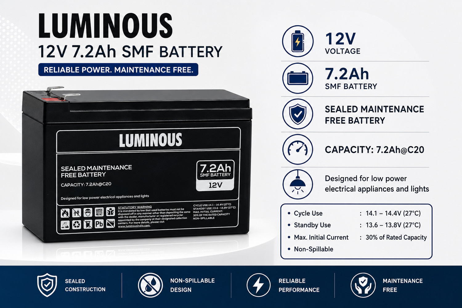 Image of LUMINOUS 7.2 Ah battery for UPS 12 V Offline /Standby Tower Model UPS with Overload Protection 0 Outlet Plugs