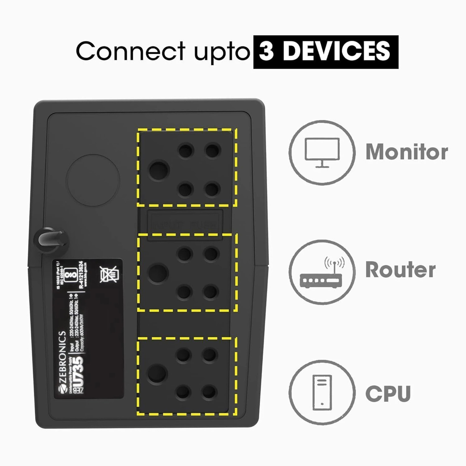 Image of ZEBRONICS U735 600VA /360W Microcontroller Based | Generator Compatible U735 230 V Line-interactive Rack-mount Model UPS with Overload Protection 3 Outlet Plugs