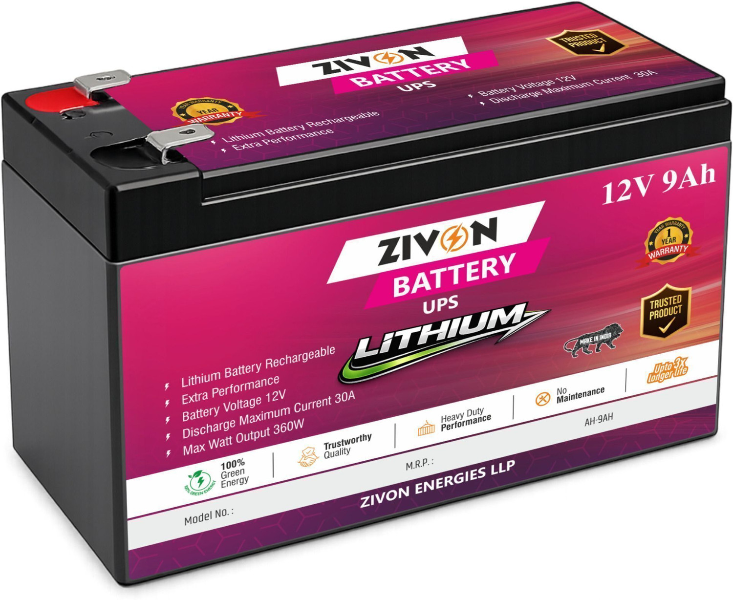 Image of ZIVON Lithium UPS Battery, 12V 9Ah Computer UPS Battery for 12 V Online /double-conversion Rack-mount Model, Tower Model UPS with Overload Protection 2 Outlet Plugs