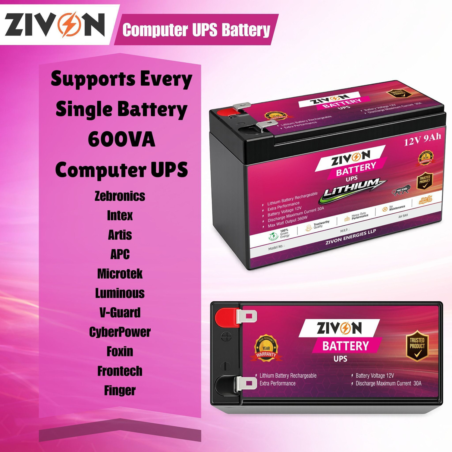 Image of ZIVON Lithium UPS Battery, 12V 9Ah Computer UPS Battery for 12 V Online /double-conversion Rack-mount Model, Tower Model UPS with Overload Protection 2 Outlet Plugs
