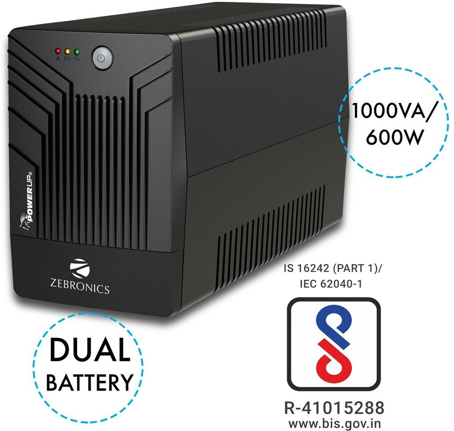Image of ZEBRONICS Zeb-U1200 ZEB-U1200 1000 V Offline /Standby Tower Model UPS with Overload Protection 3 Outlet Plugs