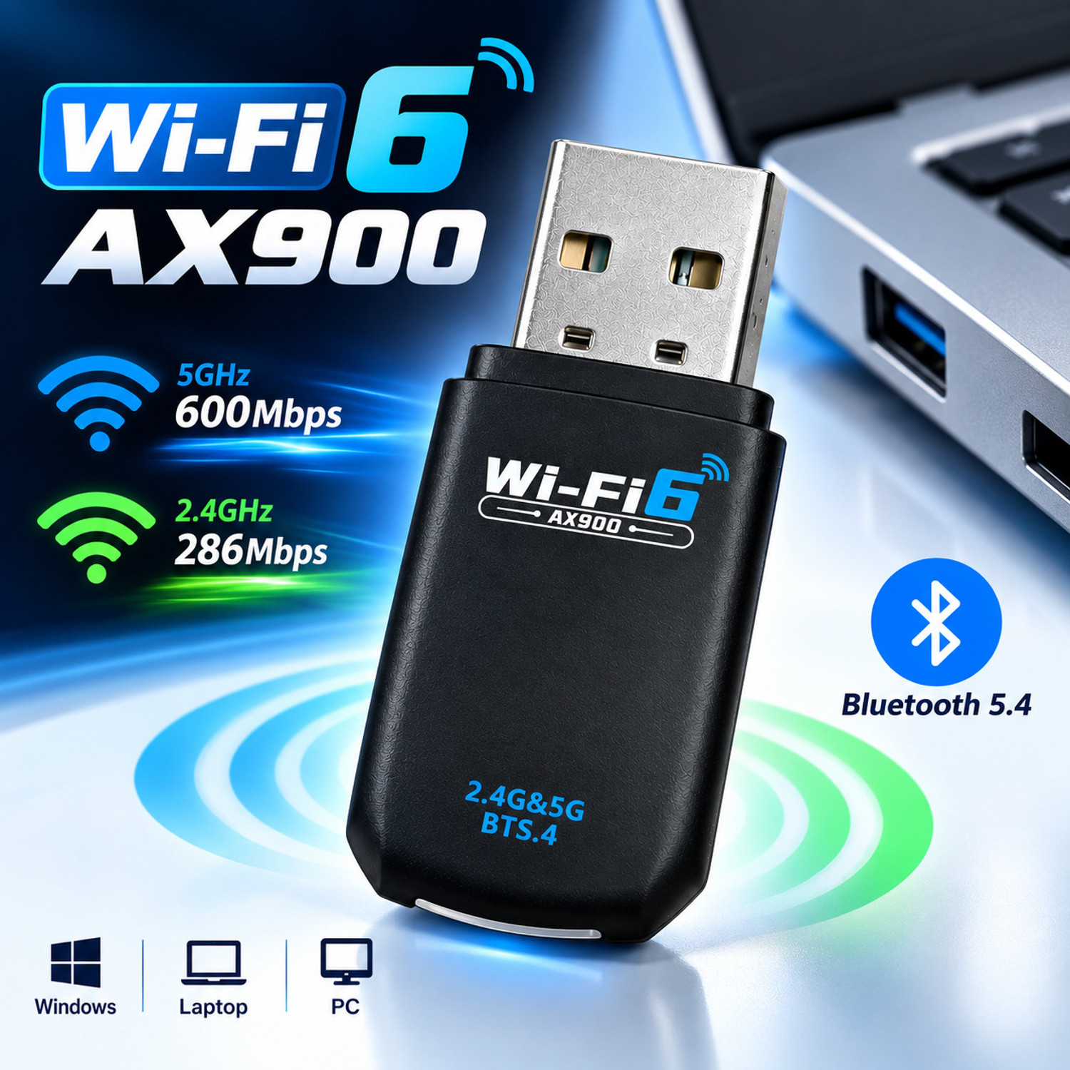 Image of Dross WiFi 6 AX900 USB WiFi Adapter with Bluetooth 5.4, Dual Band 2.4GHz & 5GHz USB Adapter (Black)
