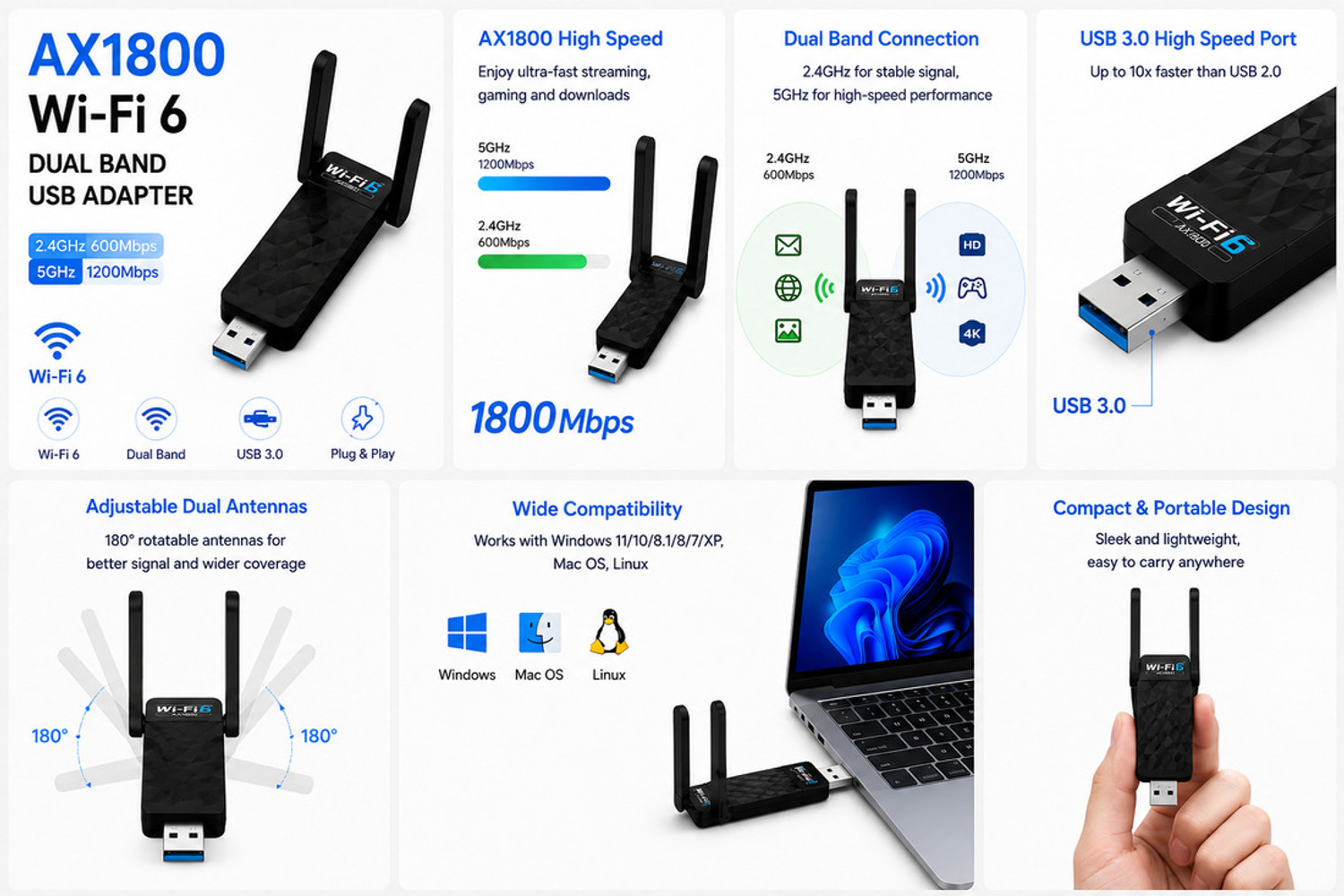 Image of Dross DROSS AX1800 + WiFi 6 + Bluetooth 5.3 + 2-in-1 + Dual Band + USB 3.0 USB Adapter