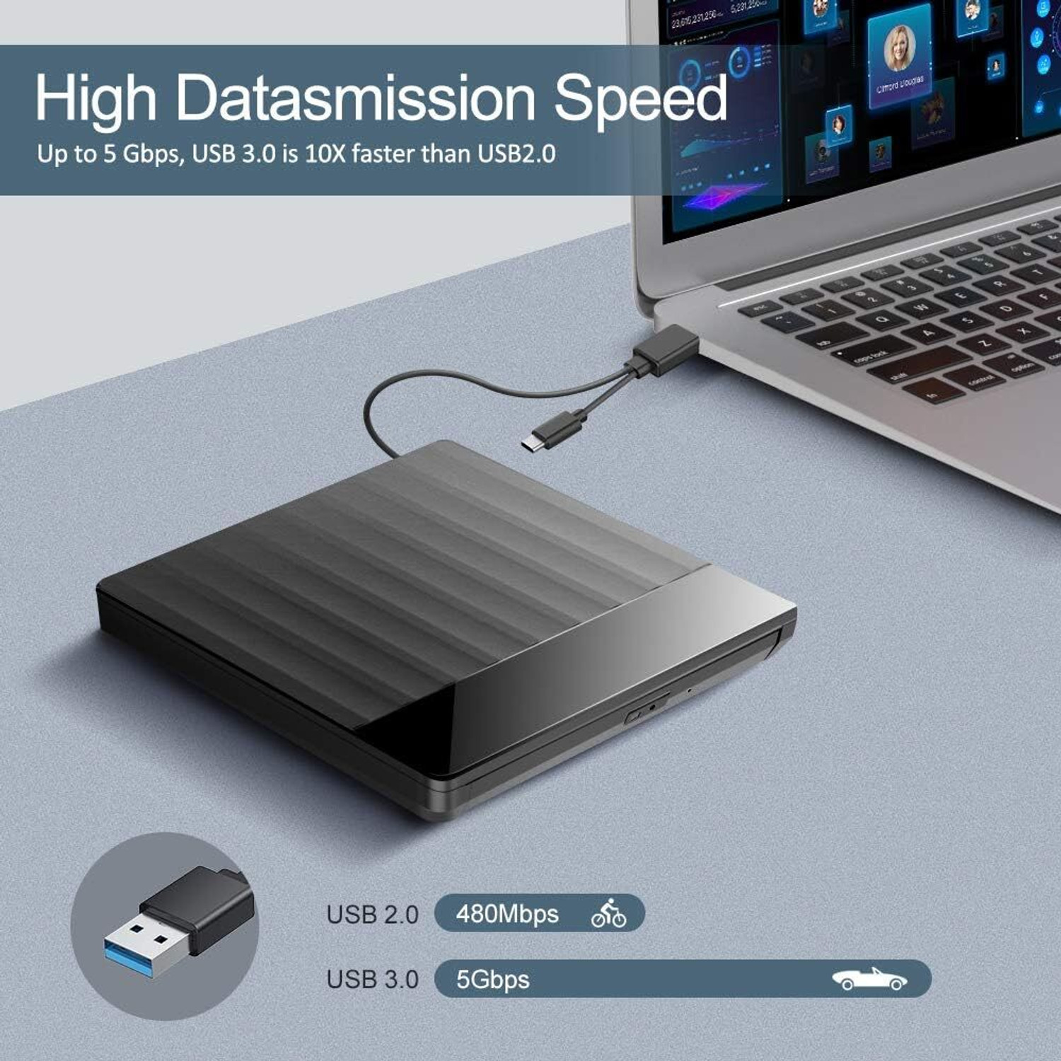 Image of FKU External CD DVD Drive, USB 3.0 with Type C Portable CD /DVD+ /-RW, Slim CD /VCD External DVD Writer