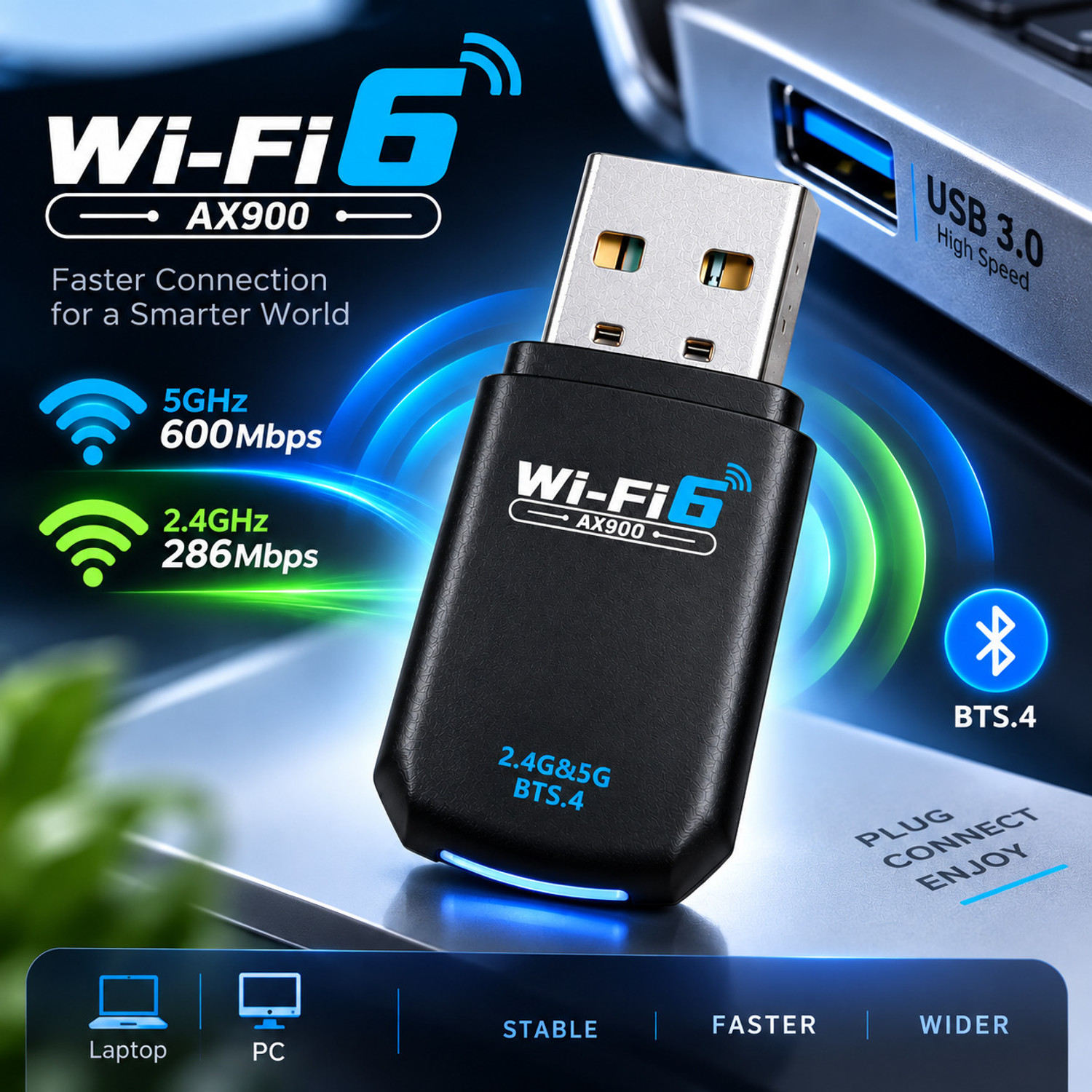 Image of Dross WiFi 6 AX900 USB WiFi Adapter with Bluetooth 5.4, Dual Band 2.4GHz & 5GHz USB Adapter (Black)