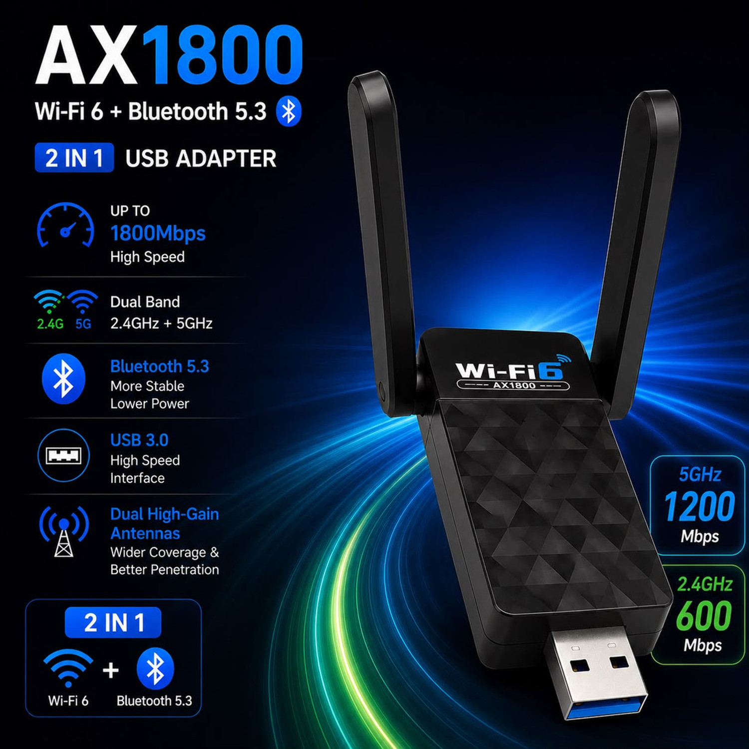 Image of Dross DROSS AX1800 + WiFi 6 + Bluetooth 5.3 + 2-in-1 + Dual Band + USB 3.0 USB Adapter