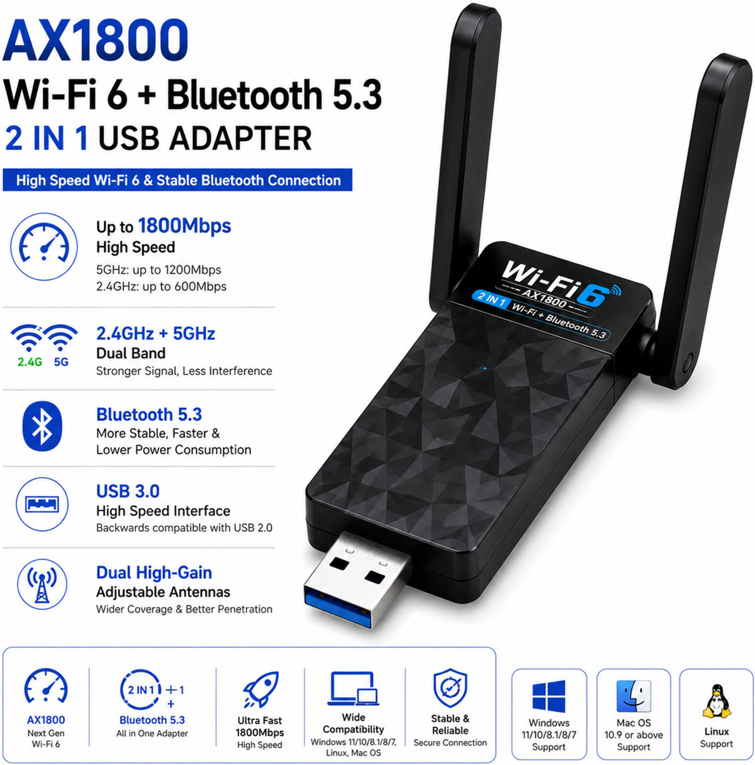 Image of Dross DROSS AX1800 + WiFi 6 + Bluetooth 5.3 + 2-in-1 + Dual Band + USB 3.0 USB Adapter