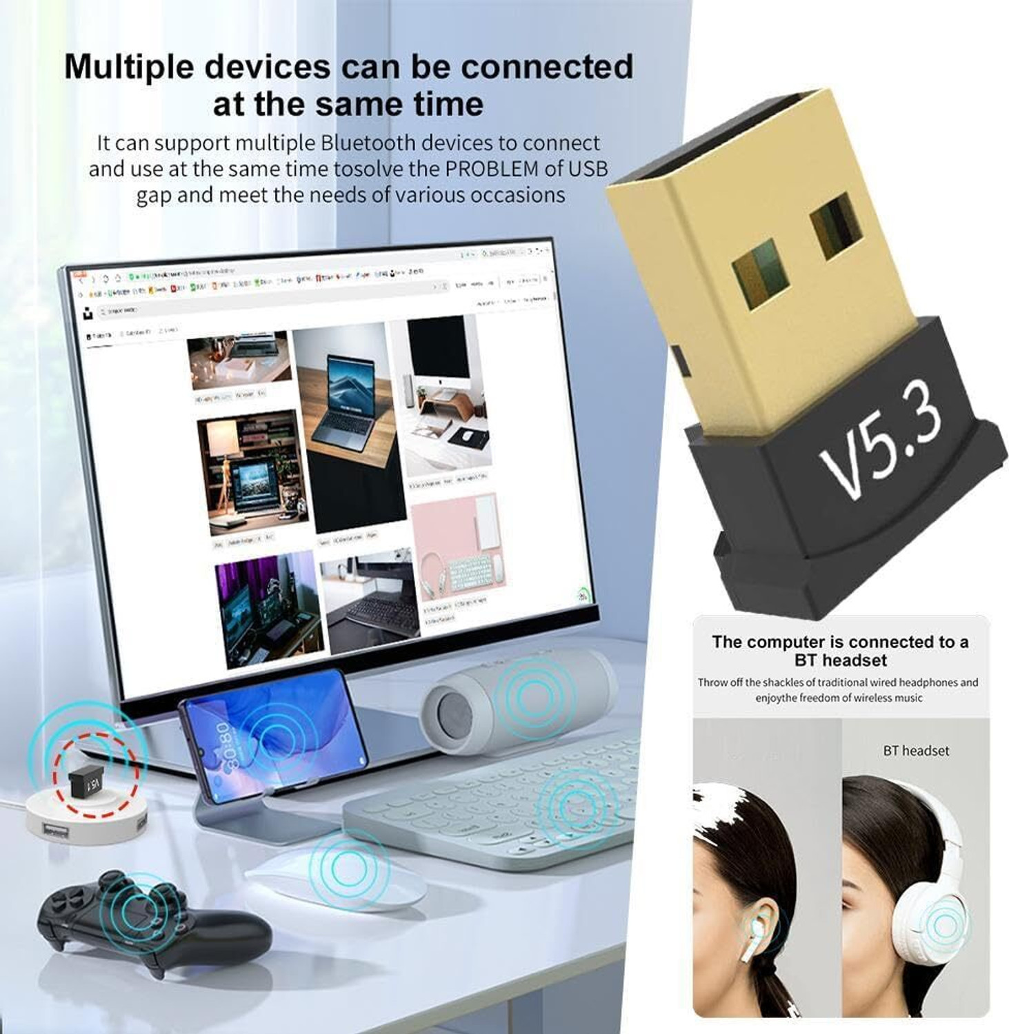 Image of Sancy Bluetooth 5.3 USB Adapter Dongle for PC /Laptop - Wireless Receiver with USB USB Adapter