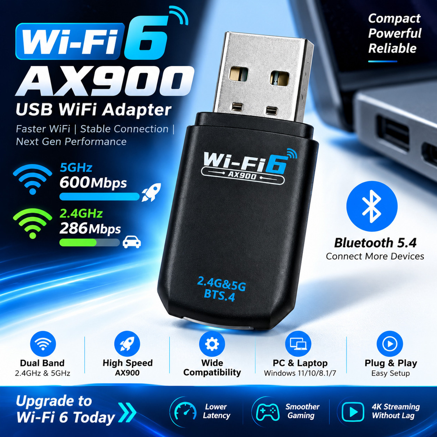 Image of Dross WiFi 6 AX900 USB WiFi Adapter with Bluetooth 5.4, Dual Band 2.4GHz & 5GHz USB Adapter (Black)