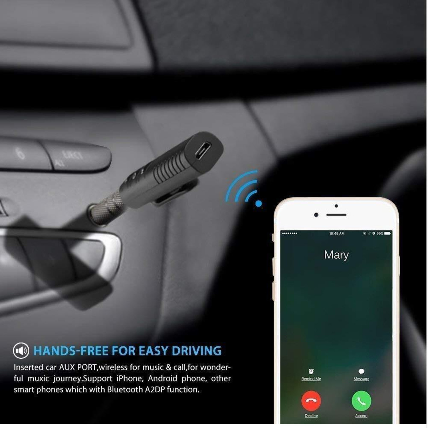 Image of Rhobos Universal Bluetooth Audio Receiver for Car - Stream Music & Hands-Free Calls USB Adapter