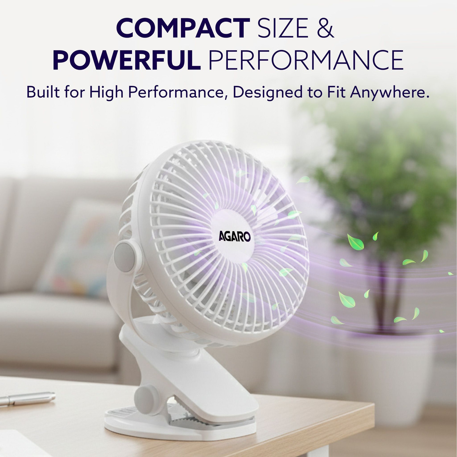 Image of AGARO Regal Portable Clamp Fan | Rechargeable USB-C Compatible Table Fan with 3 Speeds, Multi-Clip Function, 3400 RPM & 5 Hours Runtime USB Fan