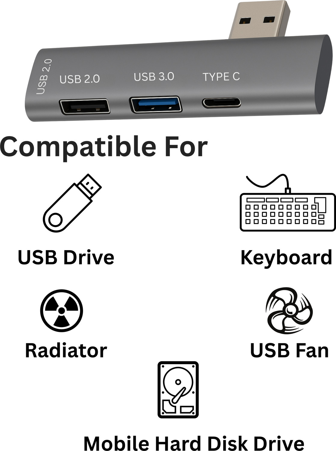 Image of Rackit Power USB Hub with 3 USB Ports,1 Type C Port, USB Plug, USB 3.0, 2-Port USB 2.0 USB Hub (Grey)