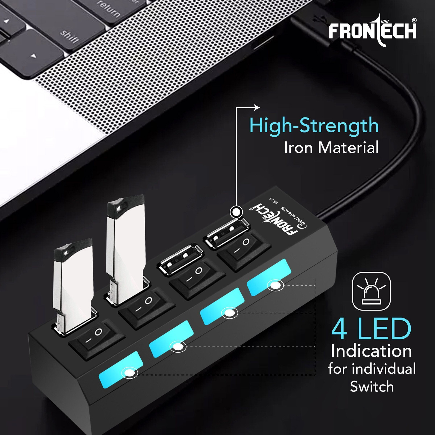 Image of Frontech 4-Port USB Hub with Individual On /Off Switches, LED Indicators, 40 cm Cable, NC-0033 USB Hub