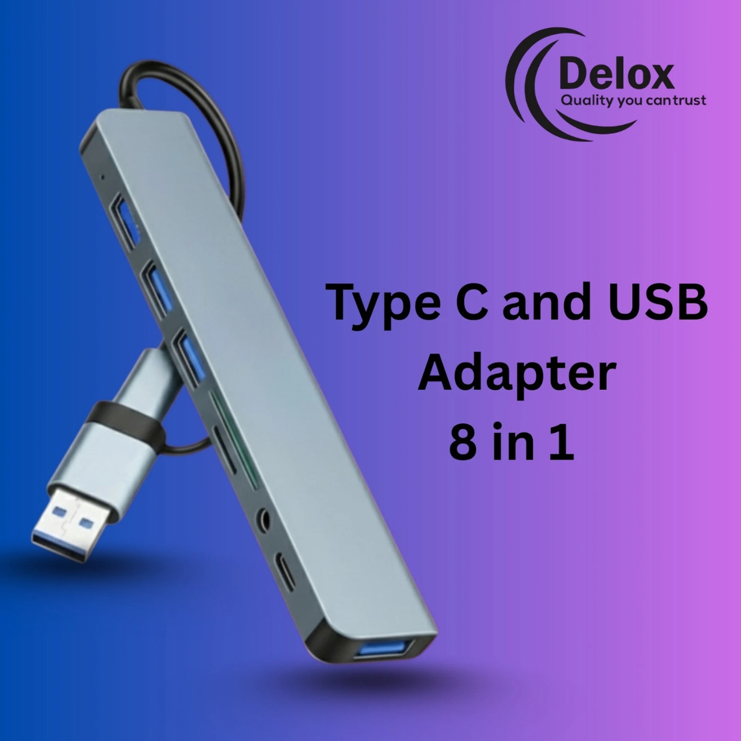 Image of DELOX Card Reader & Audio USB hub Type-C 8 in 1 USB Hub 8-in-1 USB Hub 3.0 Multi USB Hub