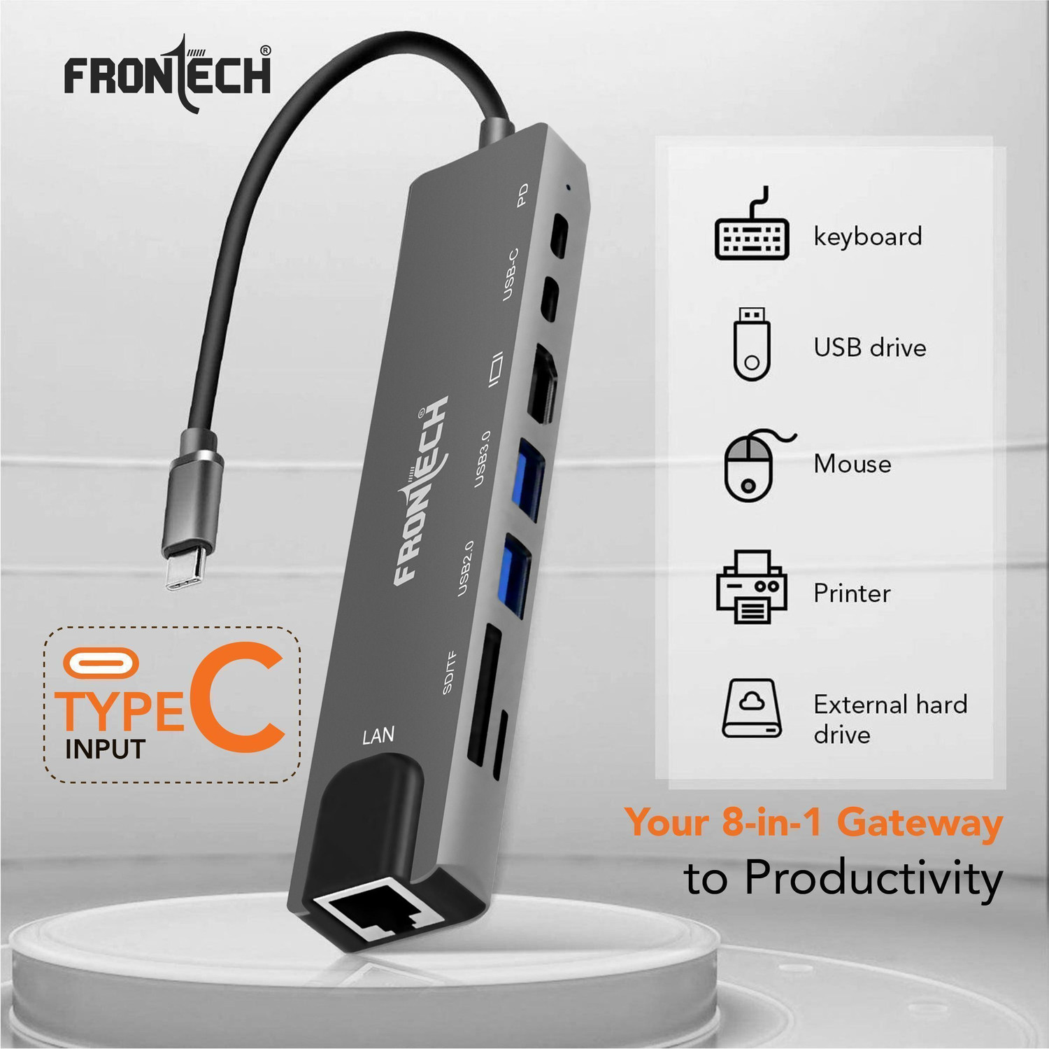 Image of Frontech 8 in 1 Multiport Dock,4K 30 Hz HDMI, LAN 100Mbps, PD Charging, USB 3.0 /2.0 NC-0059 USB Hub