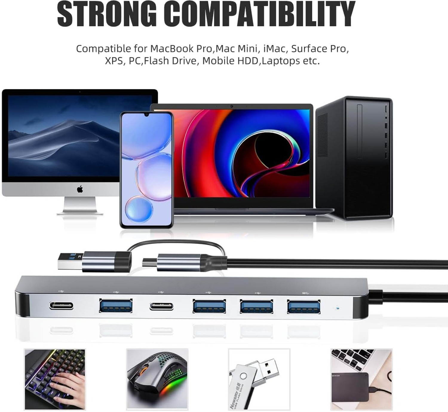 Image of Foxne Point Type-C with USB 3.0,1xUSB 2.0 & TypeC 3.0 PD 7-in-1 Type-C 4K HDMI, 3.0,2xUSB 2.0 & Type C 3.0 PD, SD & Micro SD USB Hub