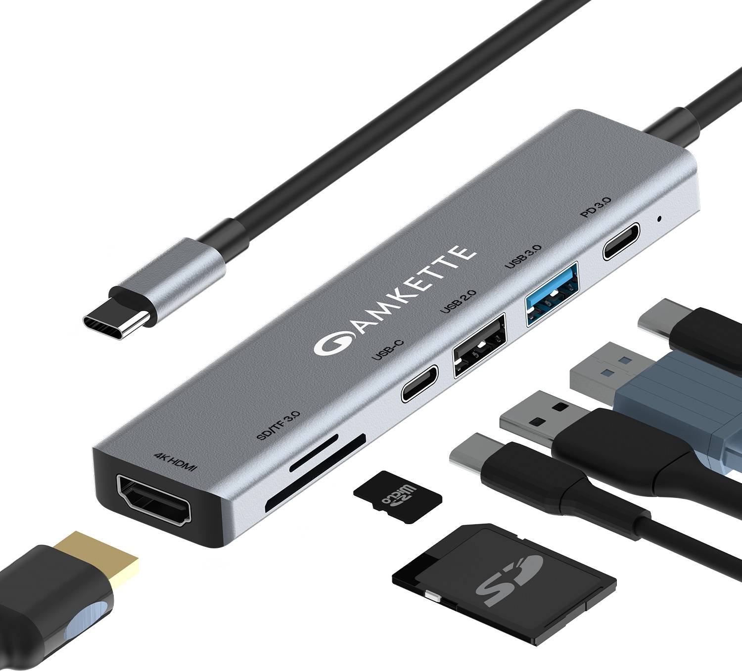AMKETTE 7-in-1 Type C Hub/Docking Station with 100W Power Delivery, 4K HDMI Output USB 3.0, USB 2.0, SD/TF Card Reader, USB C Hub for MacBook, Windows Laptops USB Hub