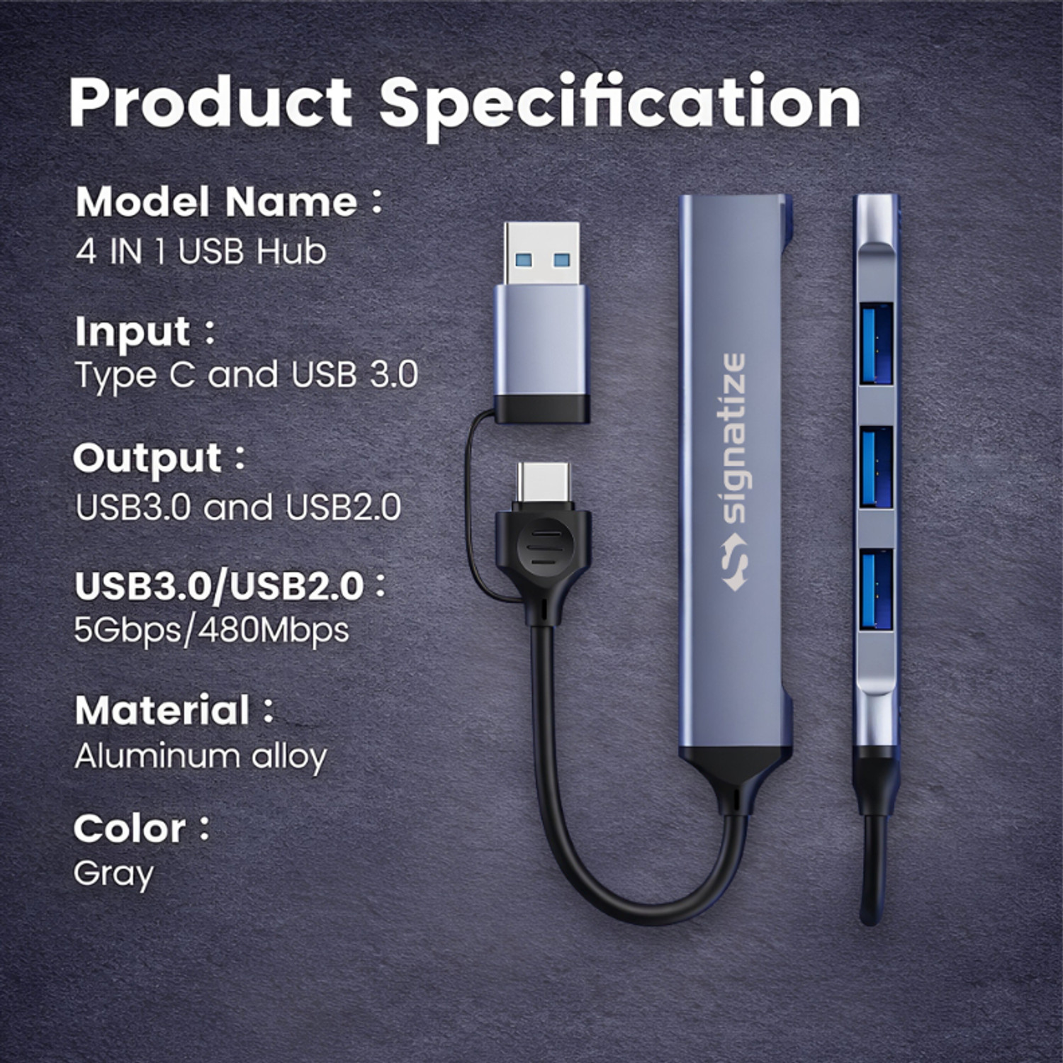 Image of SIGNATIZE Type C Hub, Type-A+C to 4 Port With 1*USB 3.0 Ports 3*USB 2.0 Port, Upto 5 Gbps Data Transfer For Laptop, Mac, Tablets & Smartphones USB Hub